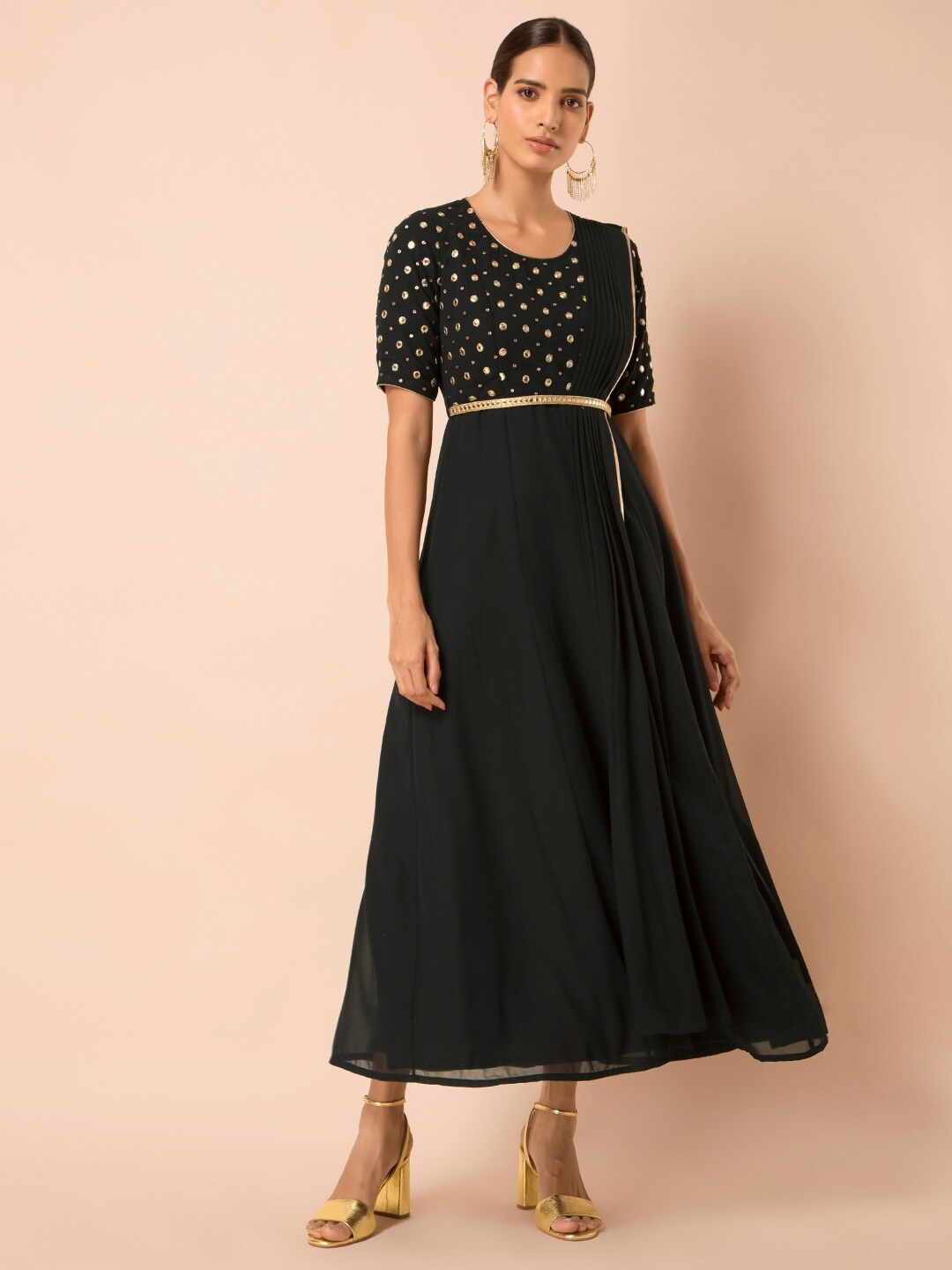 

INDYA Women's Black & Gold-Toned Embroidered Mirror Belted Maxi Tunic