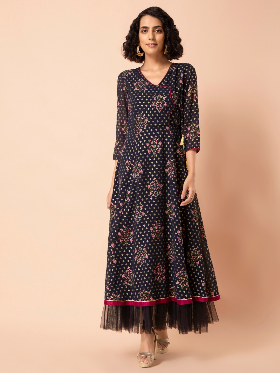 

INDYA Women Blue Foil Layered Angrakha Tunic Kurta