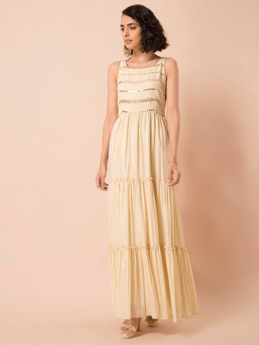 

INDYA Women Off-White & Gold-Coloured Embellished Maxi Dress