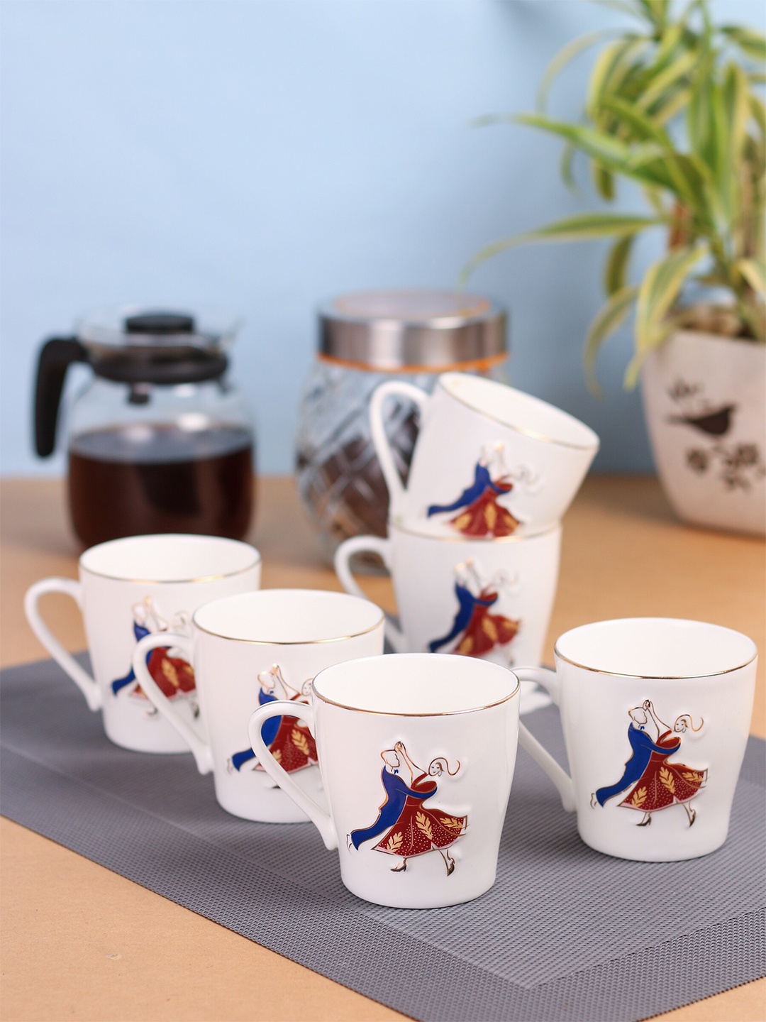 

CLAY CRAFT White & Blue 6-Pieces Printed Ceramic Cups Set