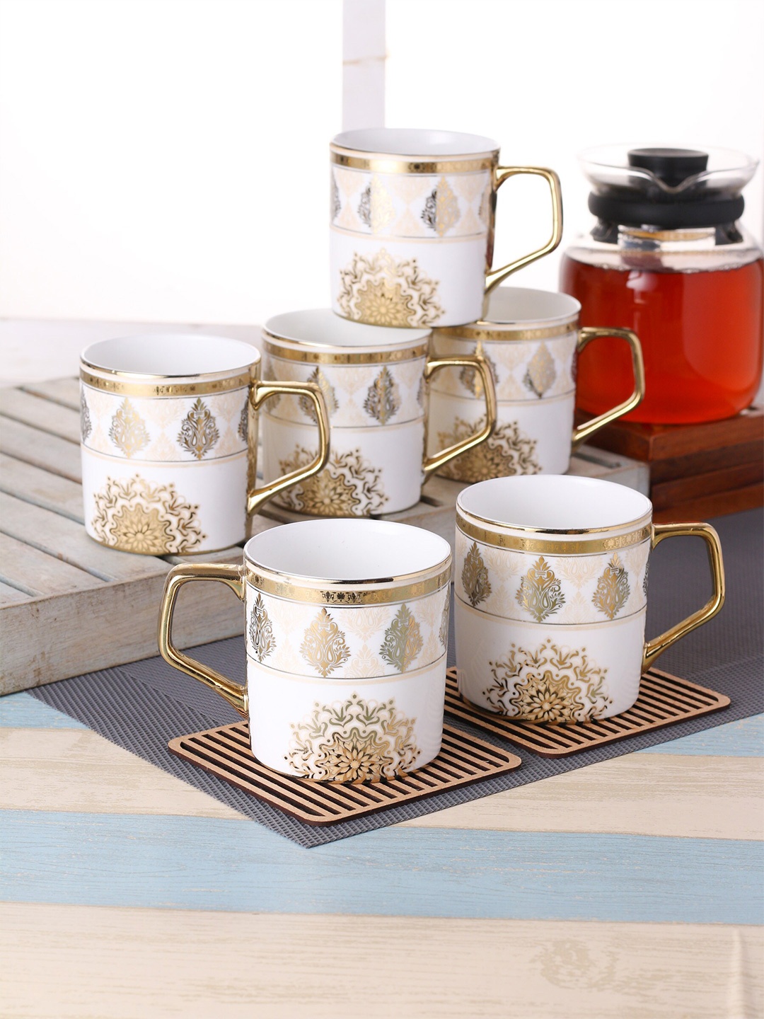 

CLAY CRAFT White & Gold-Toned Set of 6 Printed Ceramic Cups Set