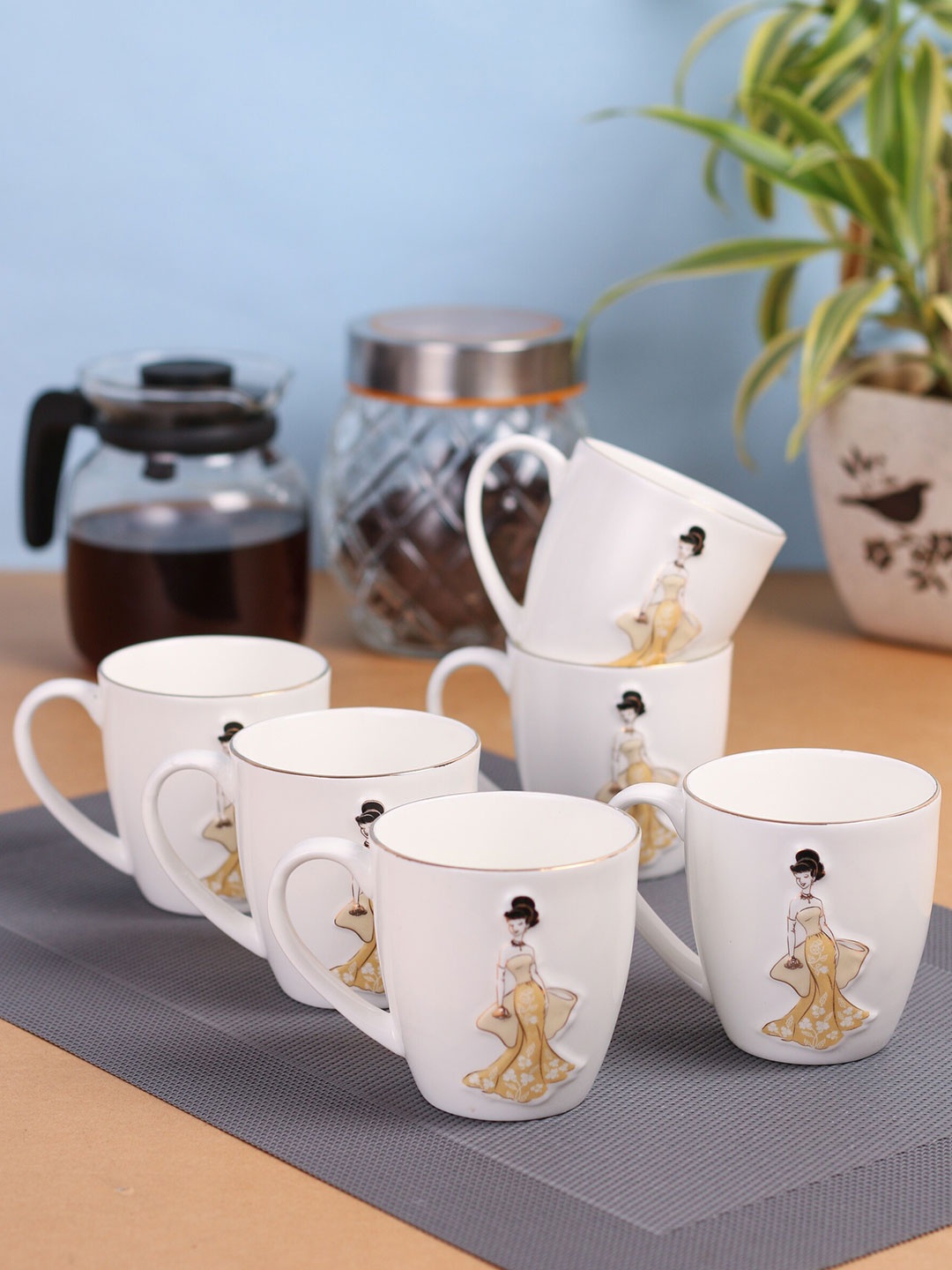 

CLAY CRAFT Set Of 6 White Printed Ceramic Cups