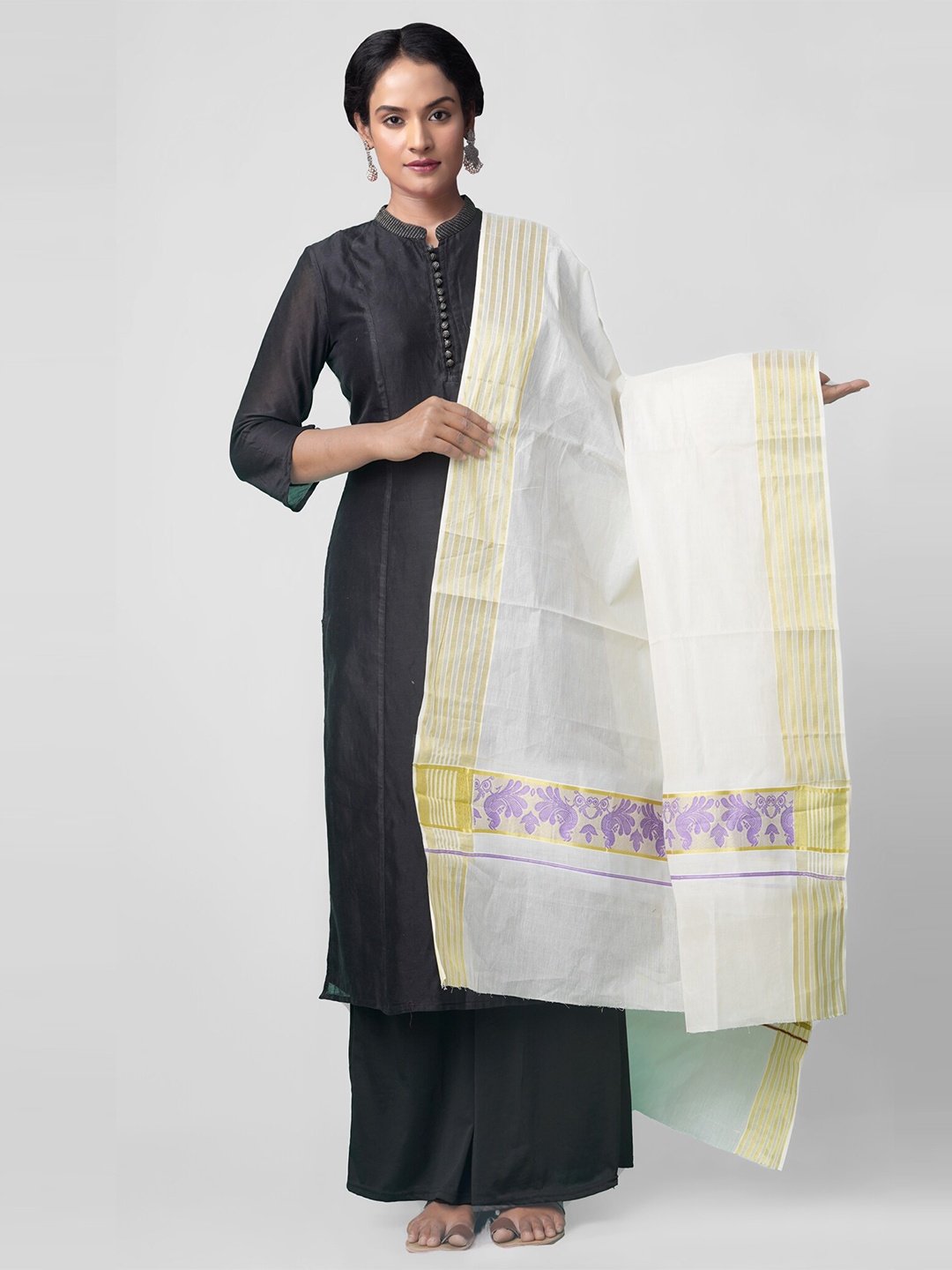 

Unnati Silks Off-White & Gold-Toned Woven Design Kerala Kasavu Cotton Dupatta