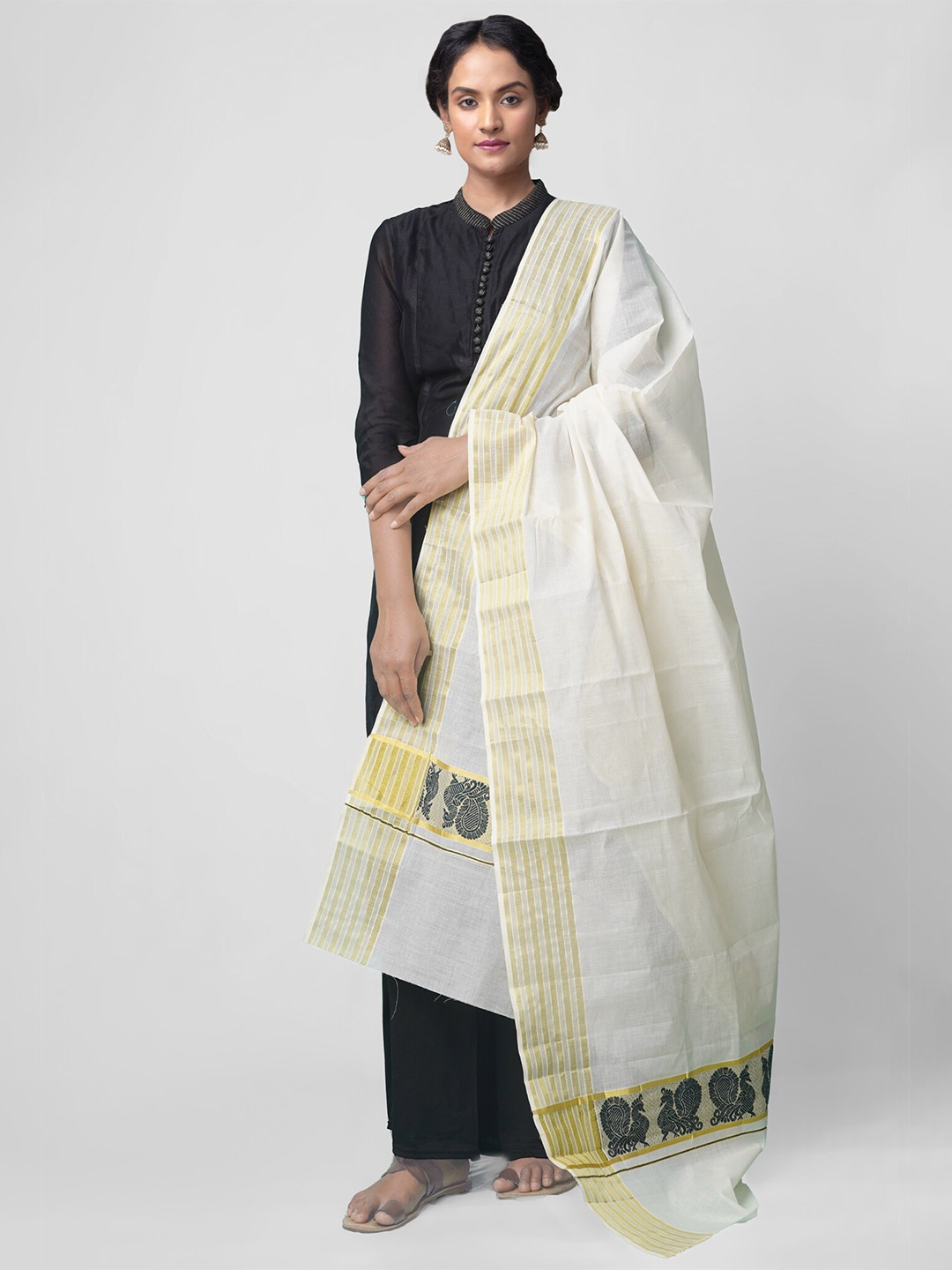 

Unnati Silks Off-White Woven Design Kerala Kasavu Dupatta