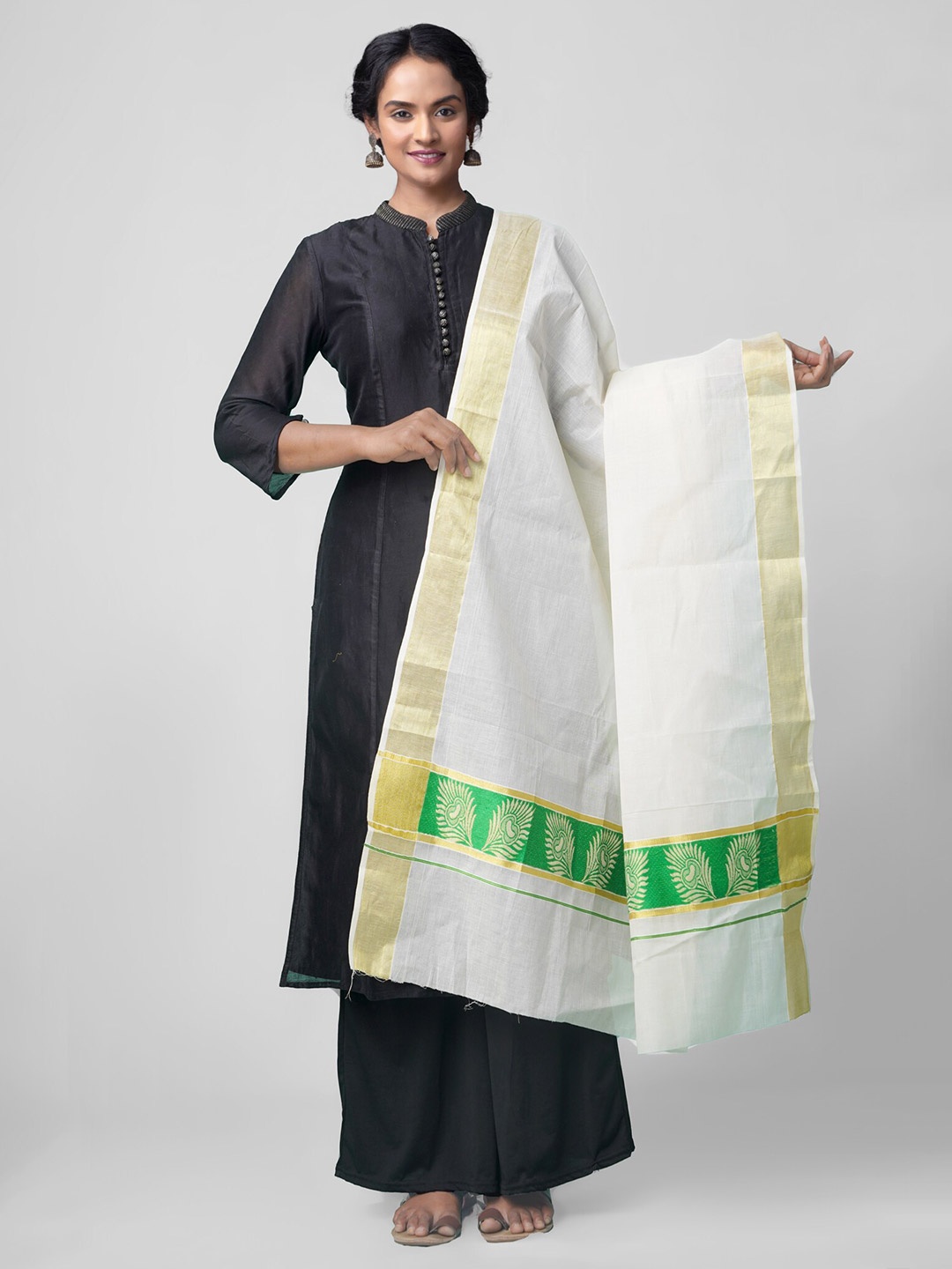 

Unnati Silks Off-White & Golden Woven Design Pure Kerala Kasavu Cotton Dupatta