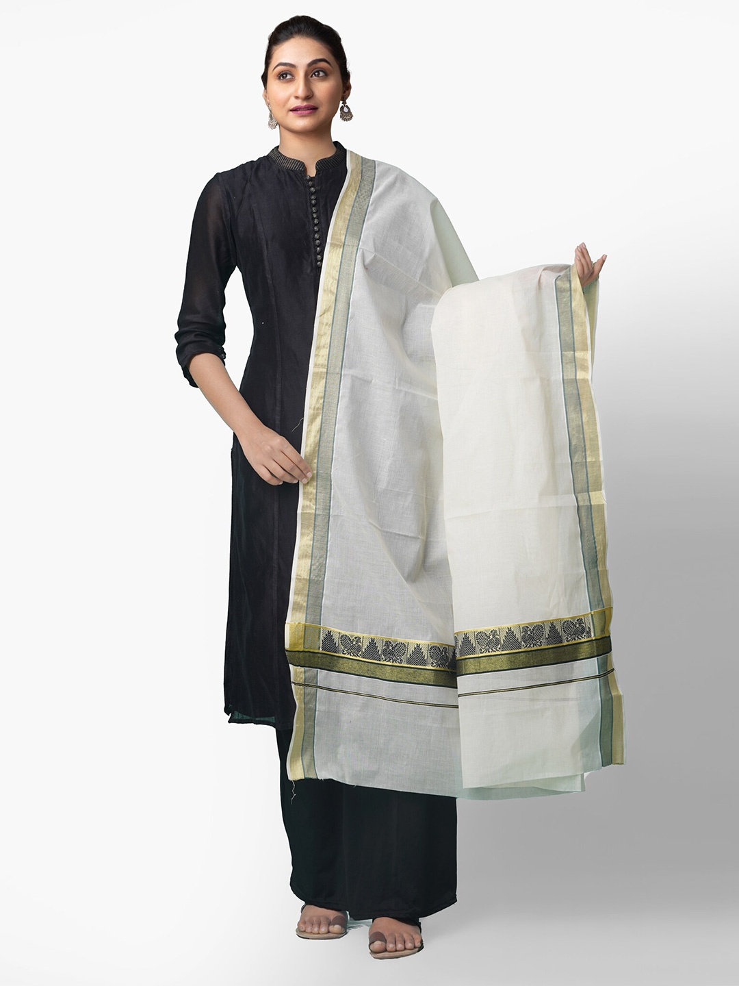

Unnati Silks Off-White & Black Solid Pure Cotton Kasavu Dupatta