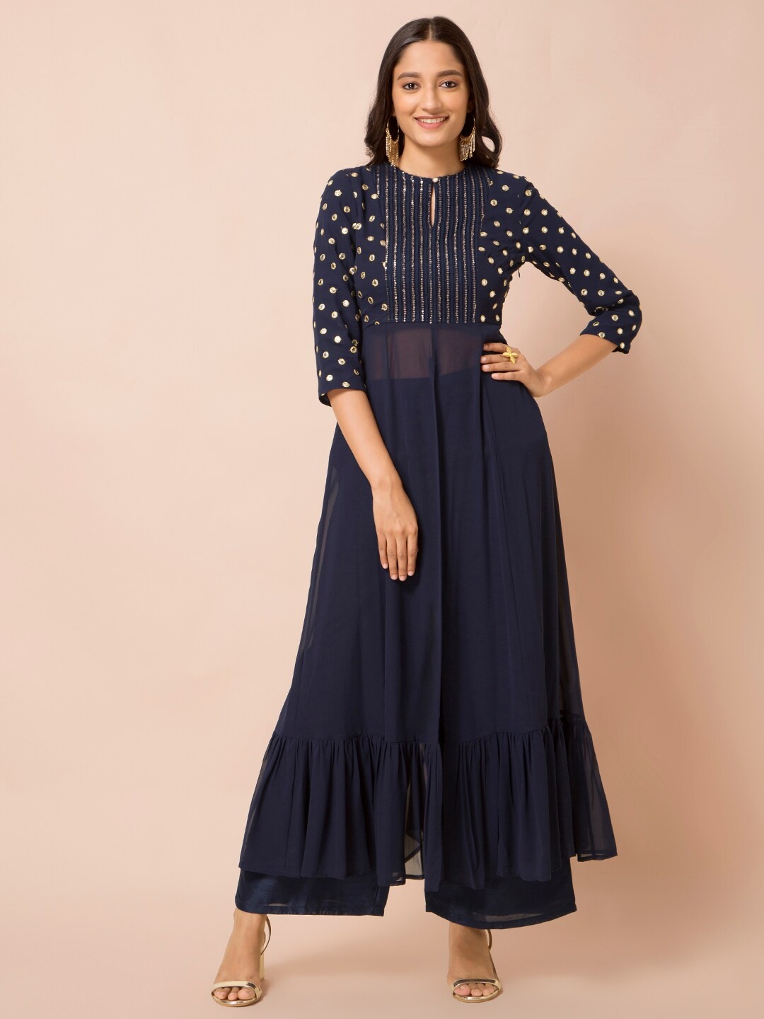 

INDYA Women's Blue & Gold-Toned Self Design Tunic