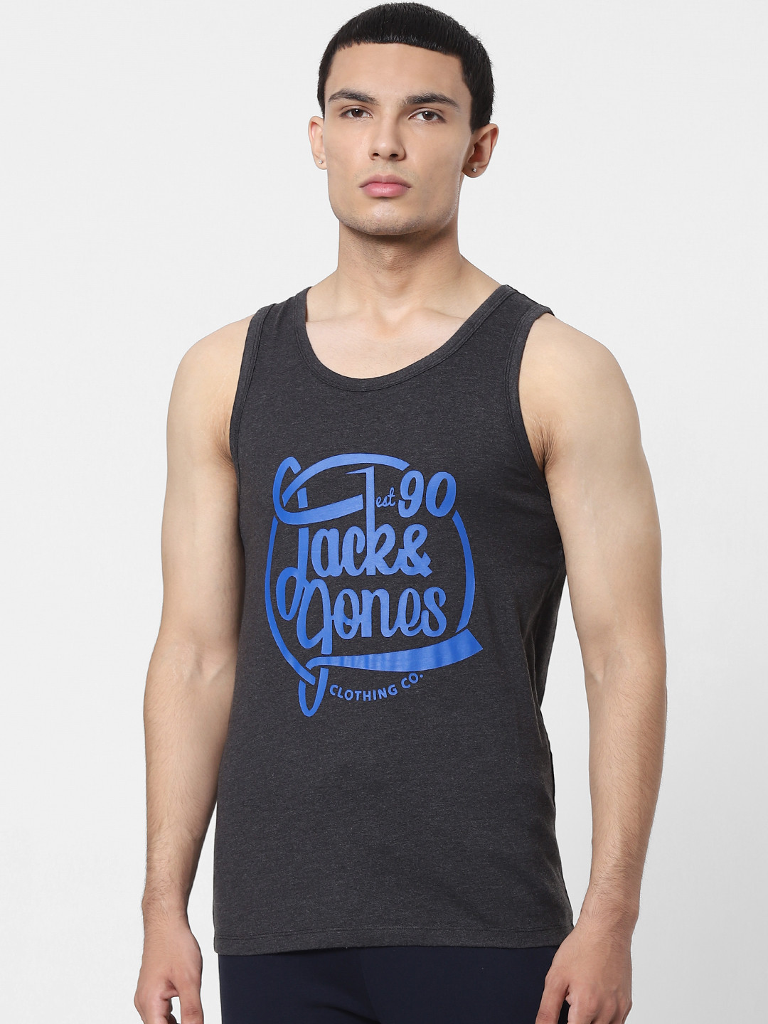 

Jack & Jones Men Grey Melange Printed Innerwear Vest 1413568001