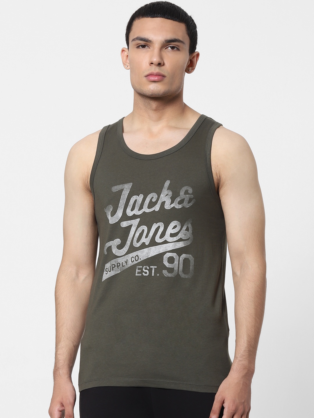 

Jack & Jones Men Olive Green Printed Innerwear Vest 1413566001