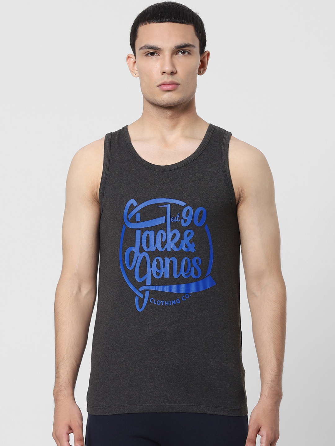 

Jack & Jones Men Charcoal Grey Printed Innerwear Vest 1412578001
