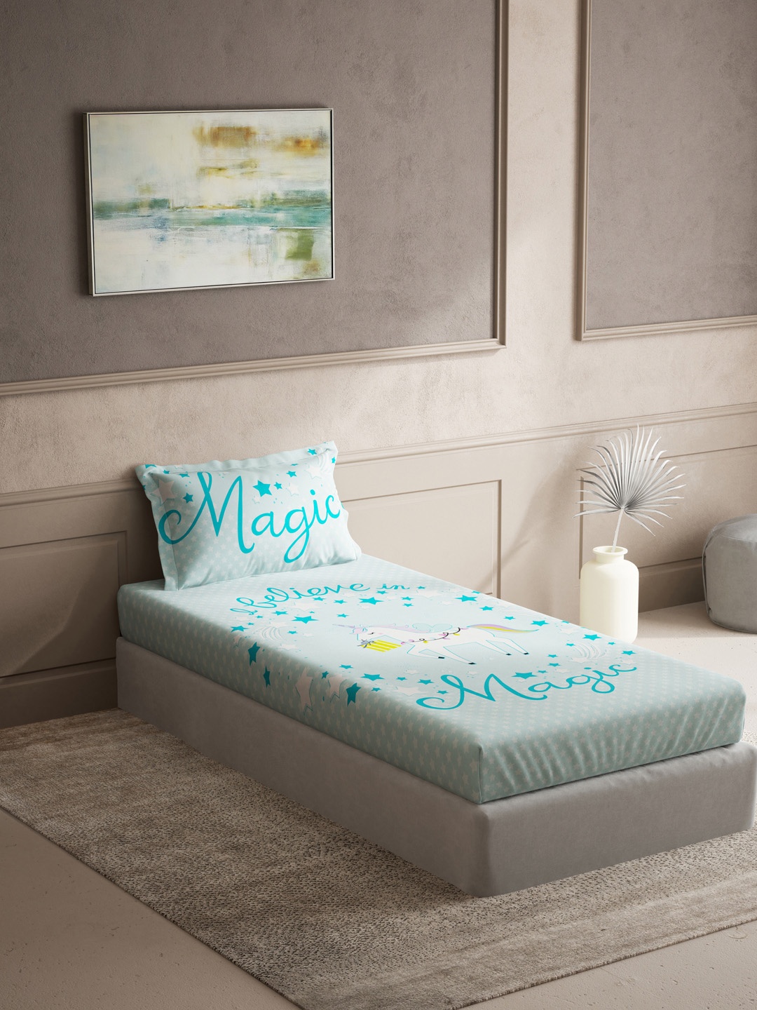 

DDecor Turquoise Blue & White Cartoon Characters 140 TC Cotton 1 Single Bedsheet with 1 Pillow Covers