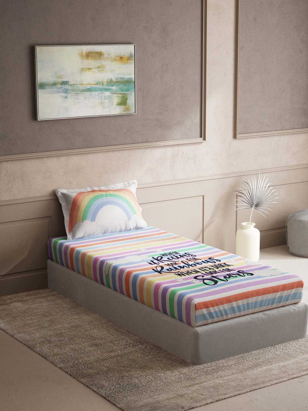 

DDecor Multicoloured Striped 140 TC Cotton 1 Single Bedsheet with 1 Pillow Covers, Multi