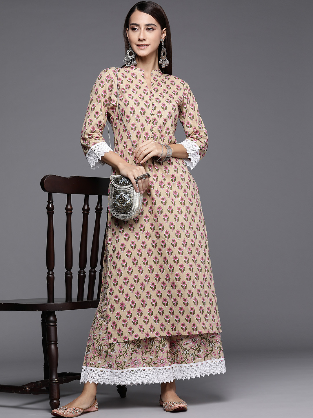 

Libas Women Beige & Pink Ethnic Motifs Printed Pure Cotton Kurta with Palazzos
