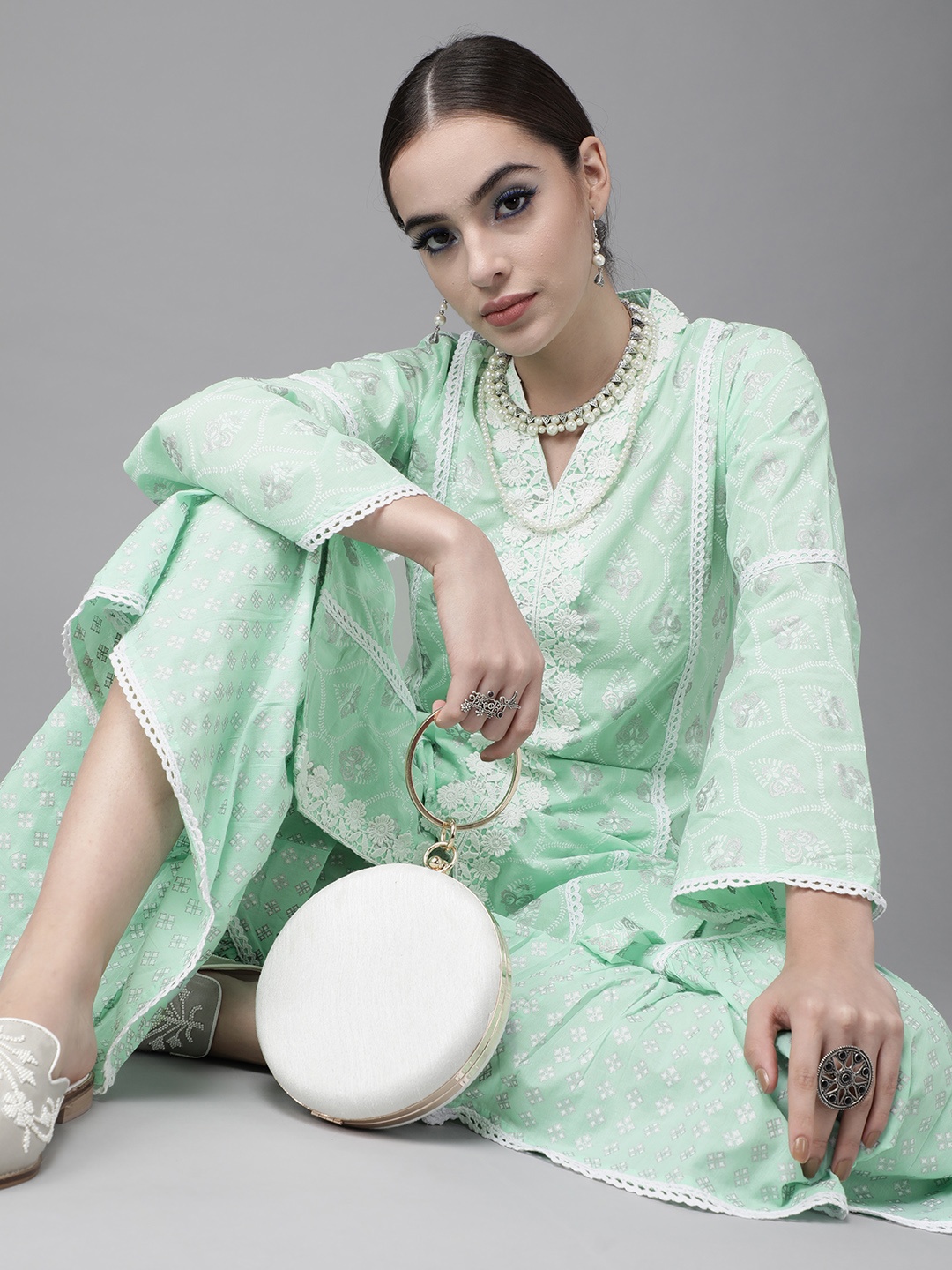 

Libas Women Sea Green Ethnic Motifs Printed Pure Cotton Kurta with Sharara