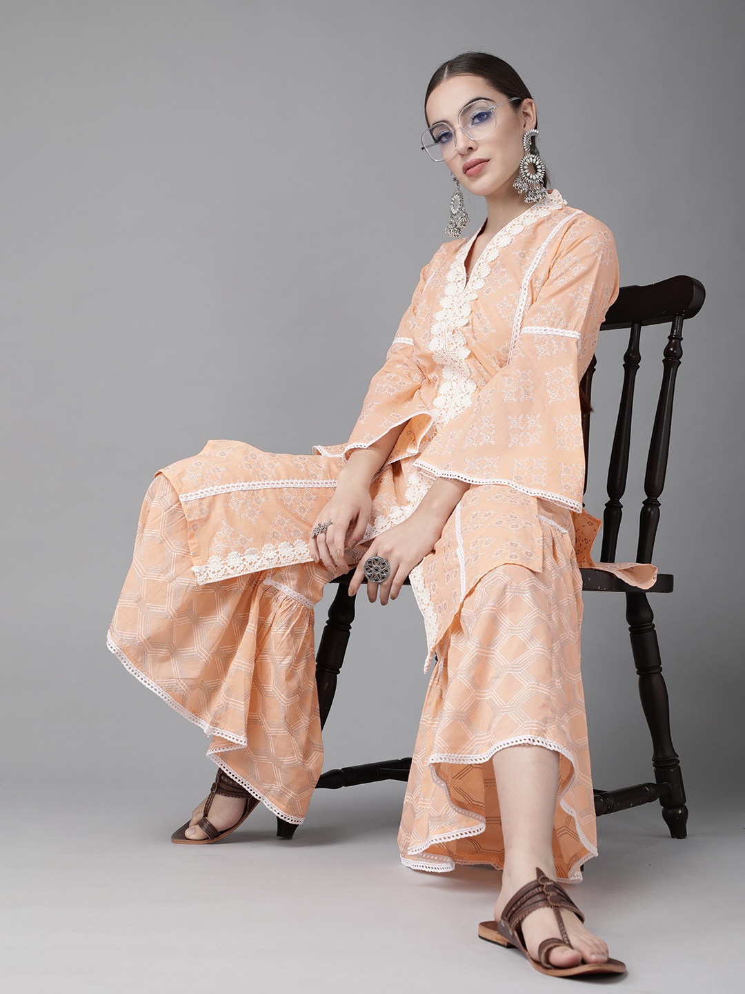 

Libas Women Peach-Coloured Pure Cotton Ethnic Motifs Printed Panelled Kurta with Sharara