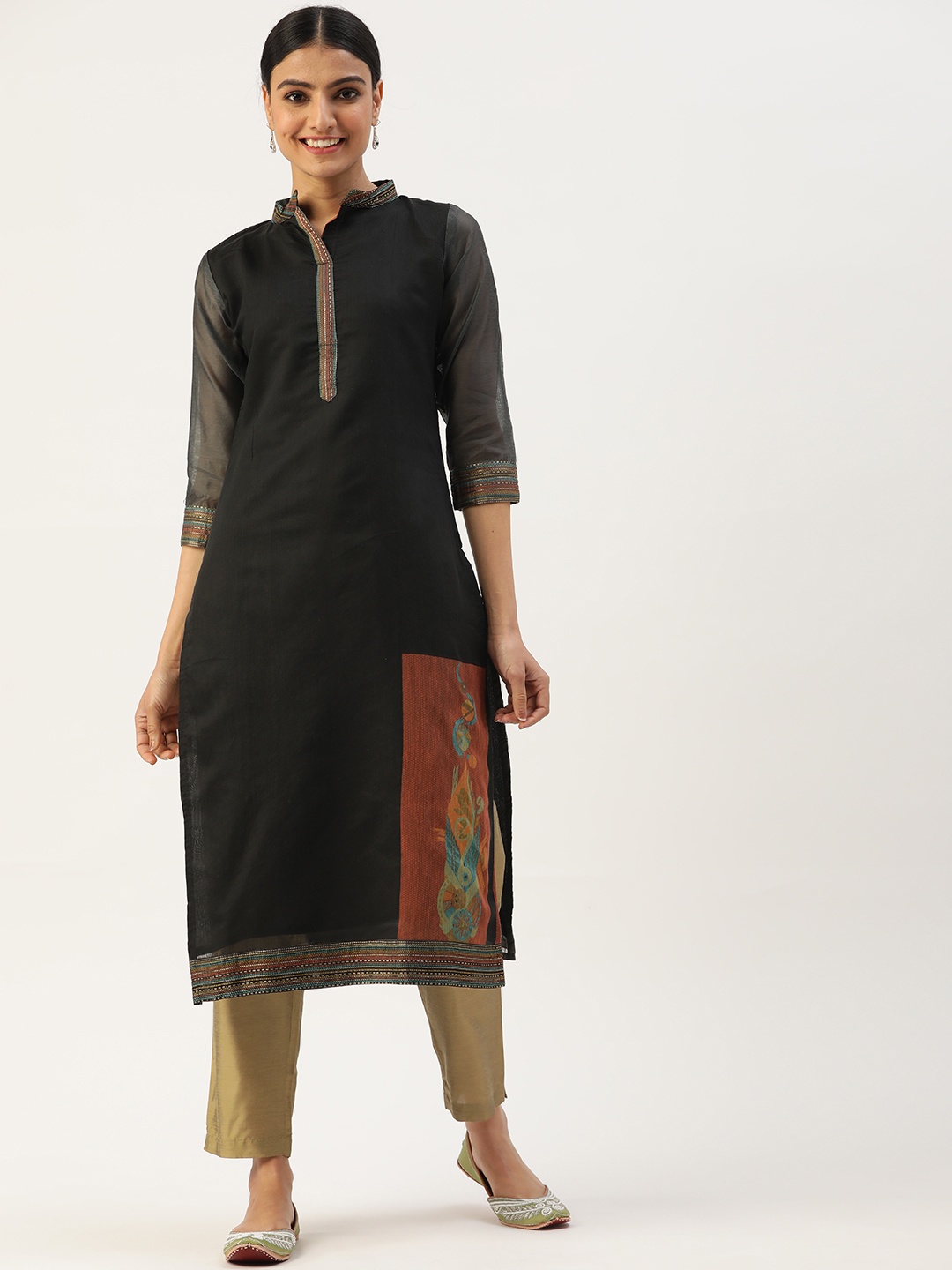 

VAABA Women Black Thread Work Chanderi Silk Kurta