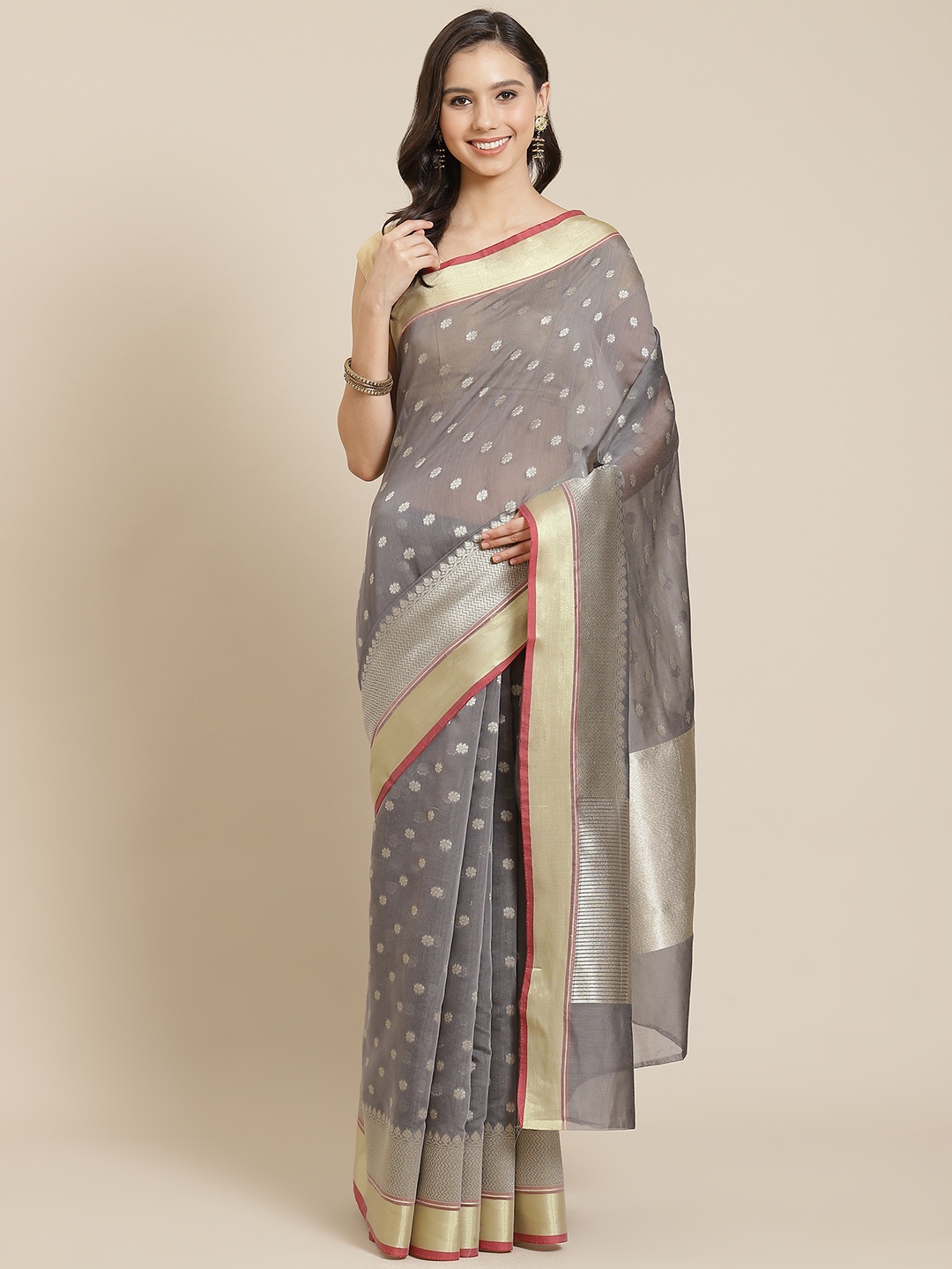 

Mitera Grey & Golden Liva Ethnic Motifs Woven Design Banarasi Saree