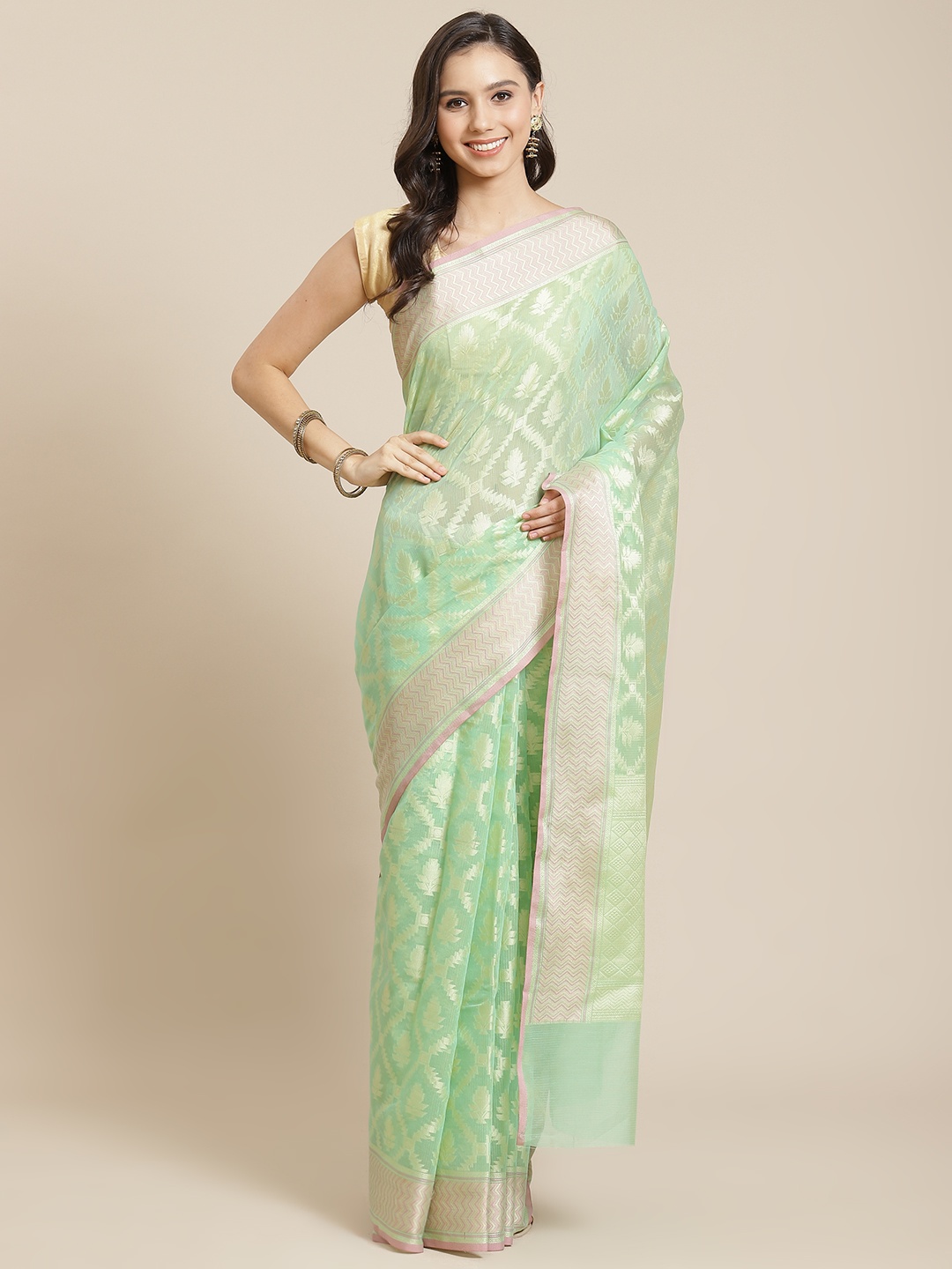 

Mitera Sea Green & Golden Liva Ethnic Motifs Woven Design Banarasi Saree