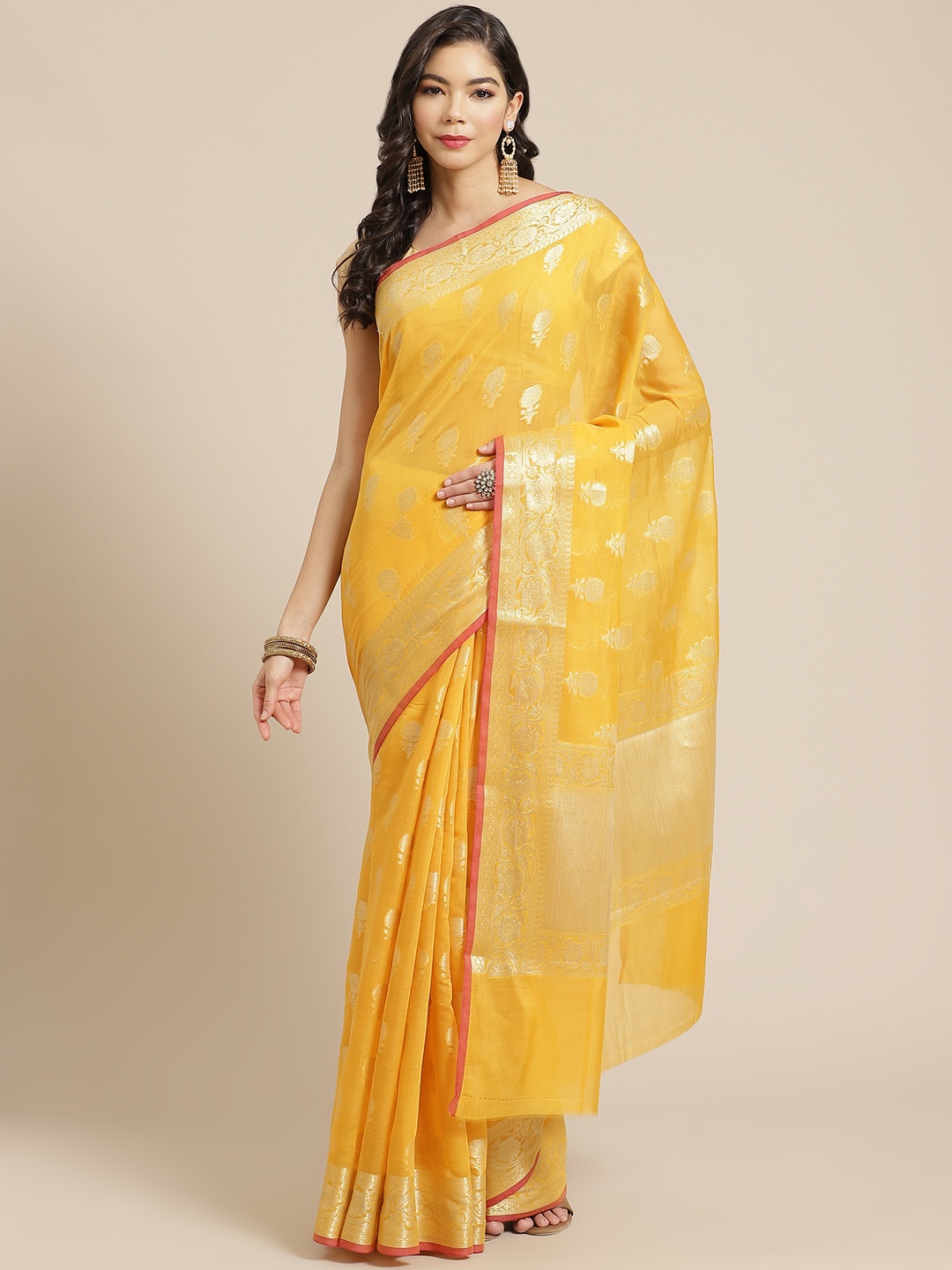 

Mitera Mustard Yellow & Golden Ethnic Motifs Zari Celebrity Banarasi Saree
