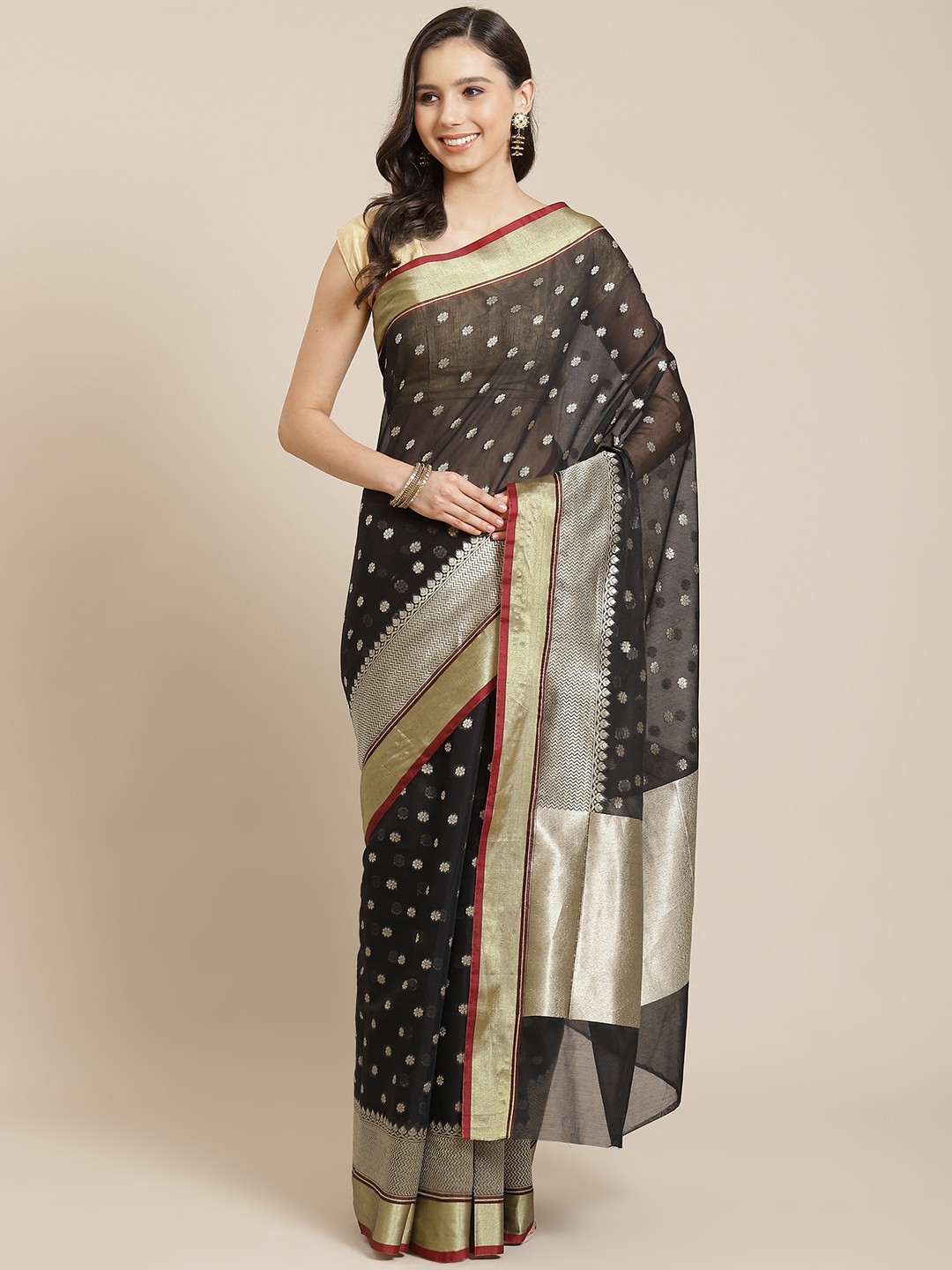 

Mitera Black & Golden Liva Ethnic Motifs Woven Design Banarasi Saree