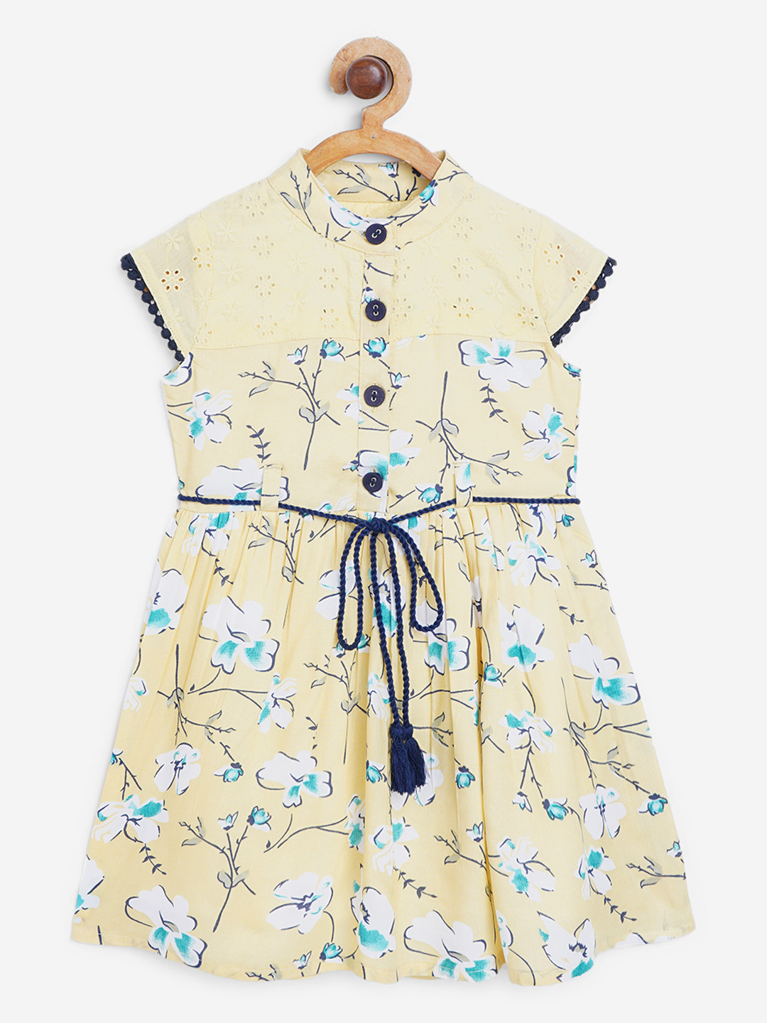 

Bella Moda Girls Yellow & White Floral Print Schiffli Detail Fit & Flare Dress with Belt