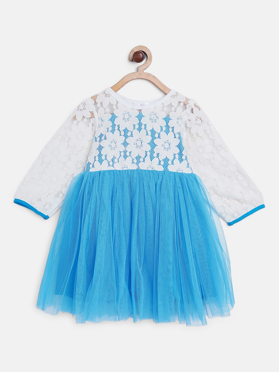 

Bella Moda Girls White & Blue Net Self-Design Fit & Flare Dress with Lace Detail