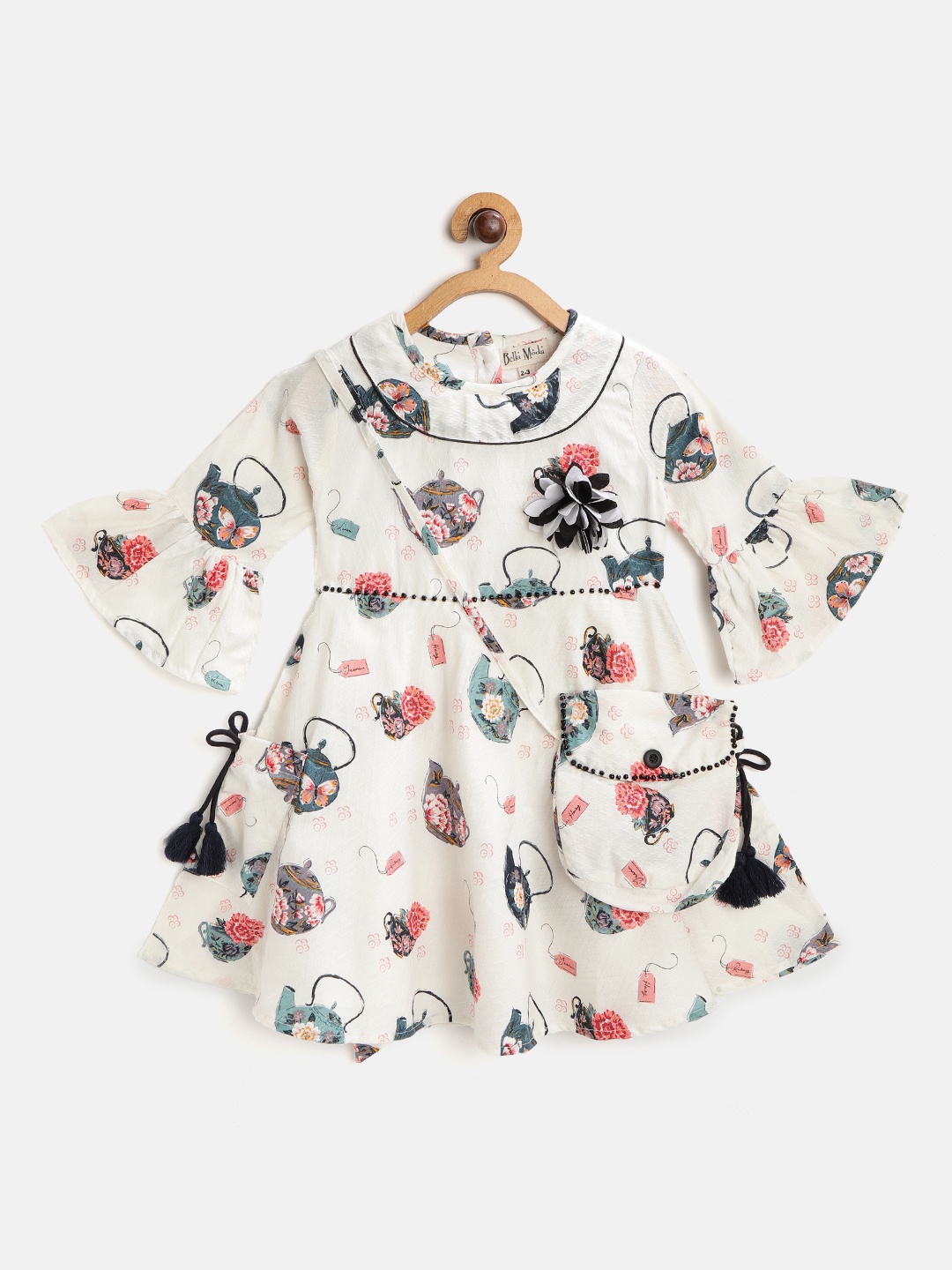 

Bella Moda Girls Off White & Teal Green Floral Printed Fit & Flare Dress with Sling Bag