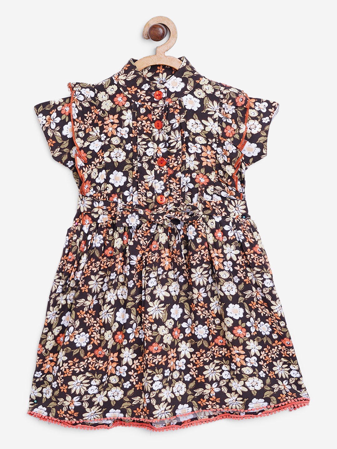 

Bella Moda Girls Coffee Brown & Beige Floral Print & Ruffled Fit & Flare Dress with Belt