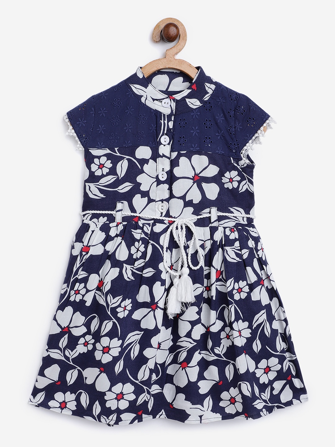 

Bella Moda Girls Navy Blue & White Floral Print Schiffli Detail Fit & Flare Dress & Belt