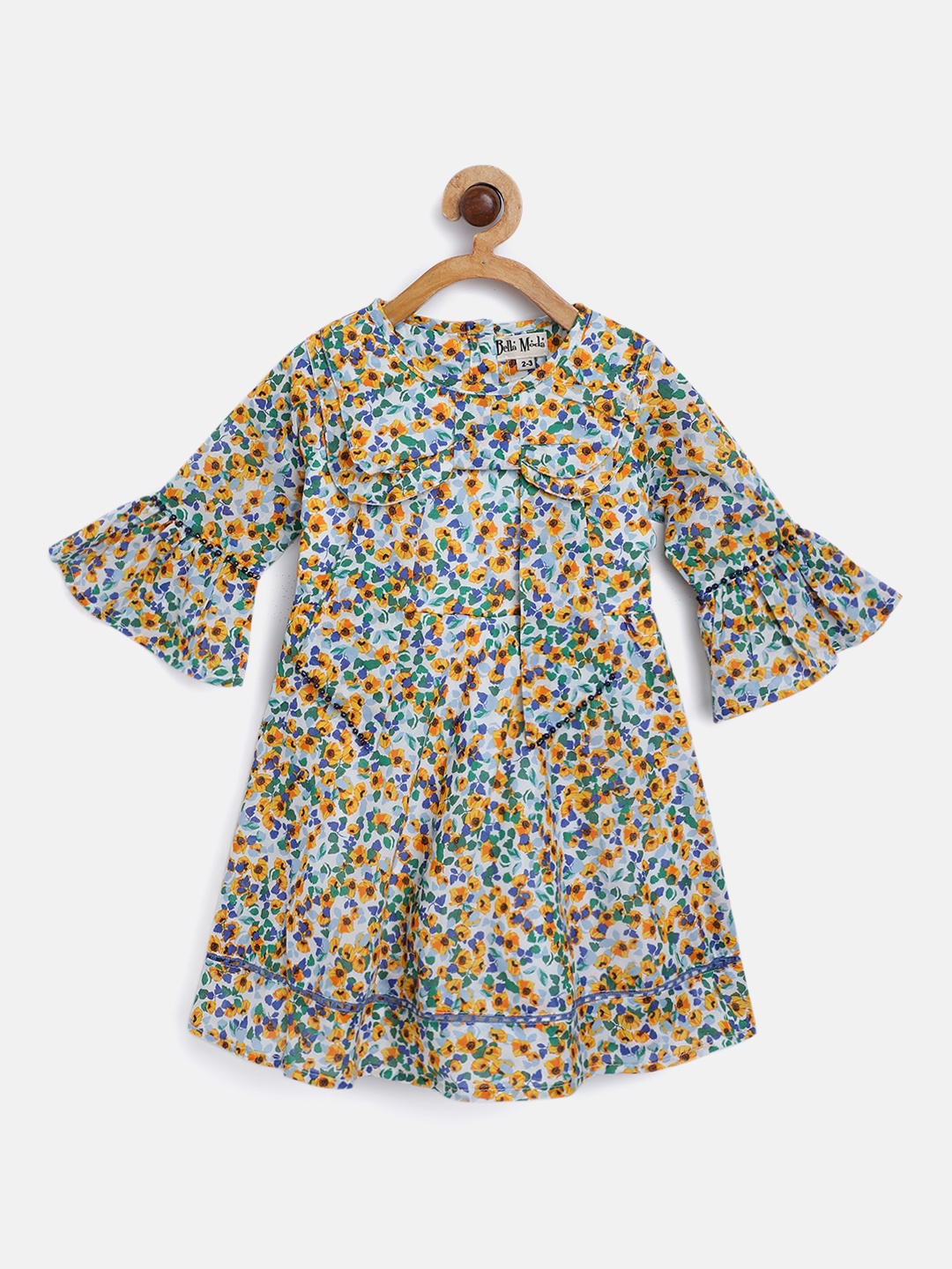 

Bella Moda Girls Blue & Green Floral Print Bow & Tie-Up Detail A-Line Dress