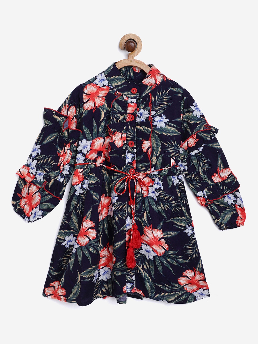

Bella Moda Girls Navy Blue & Orange Floral Print Ruffled Fit & Flare Dress with Belt