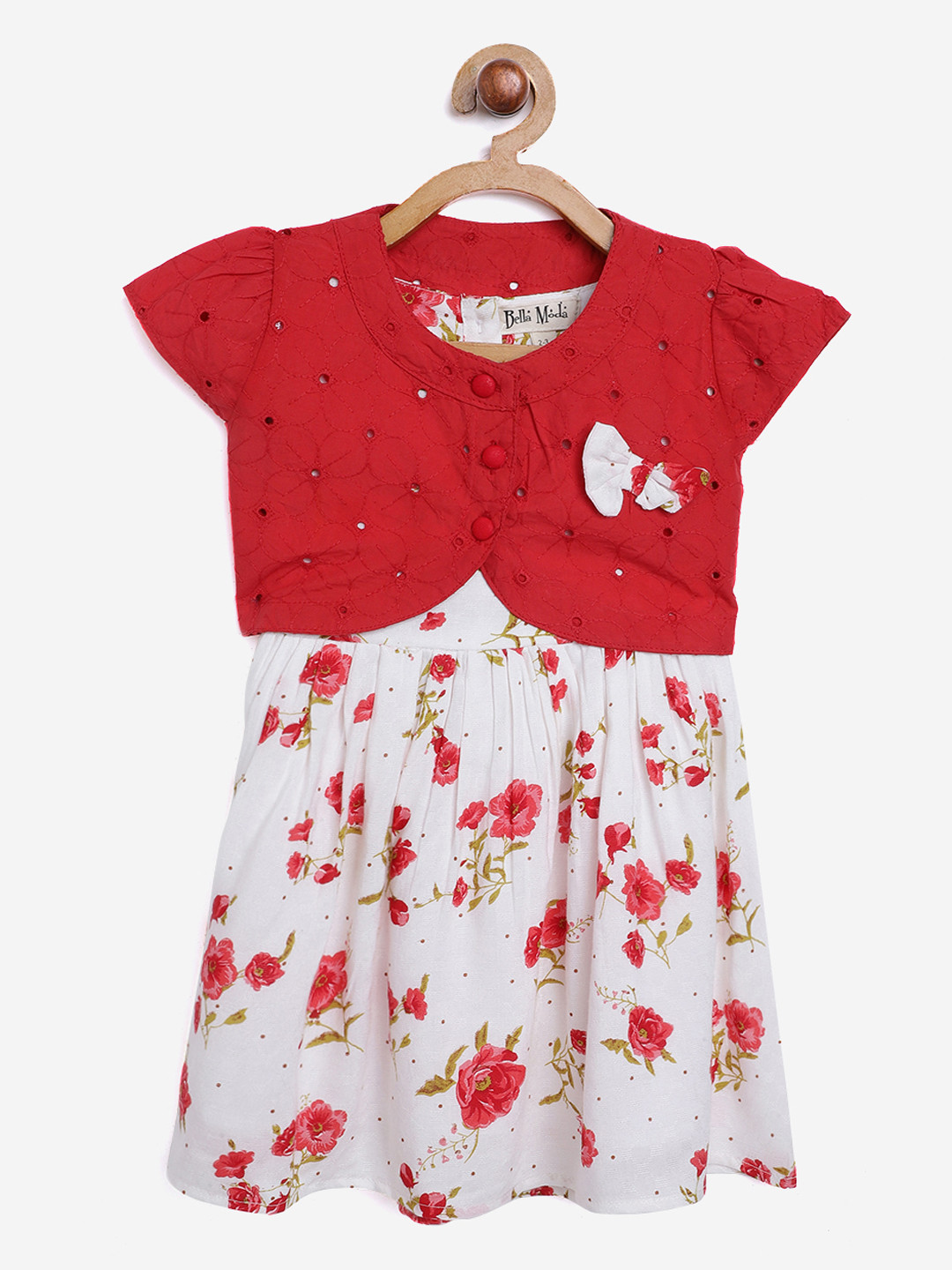 

Bella Moda Girls White & Red Floral Layered Tie-Up Fit & Flare Dress with Schiffli Shrug