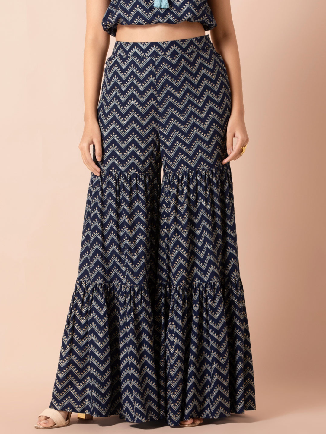 

INDYA Women Blue & Gold-Toned Printed Flared Sharara Pants