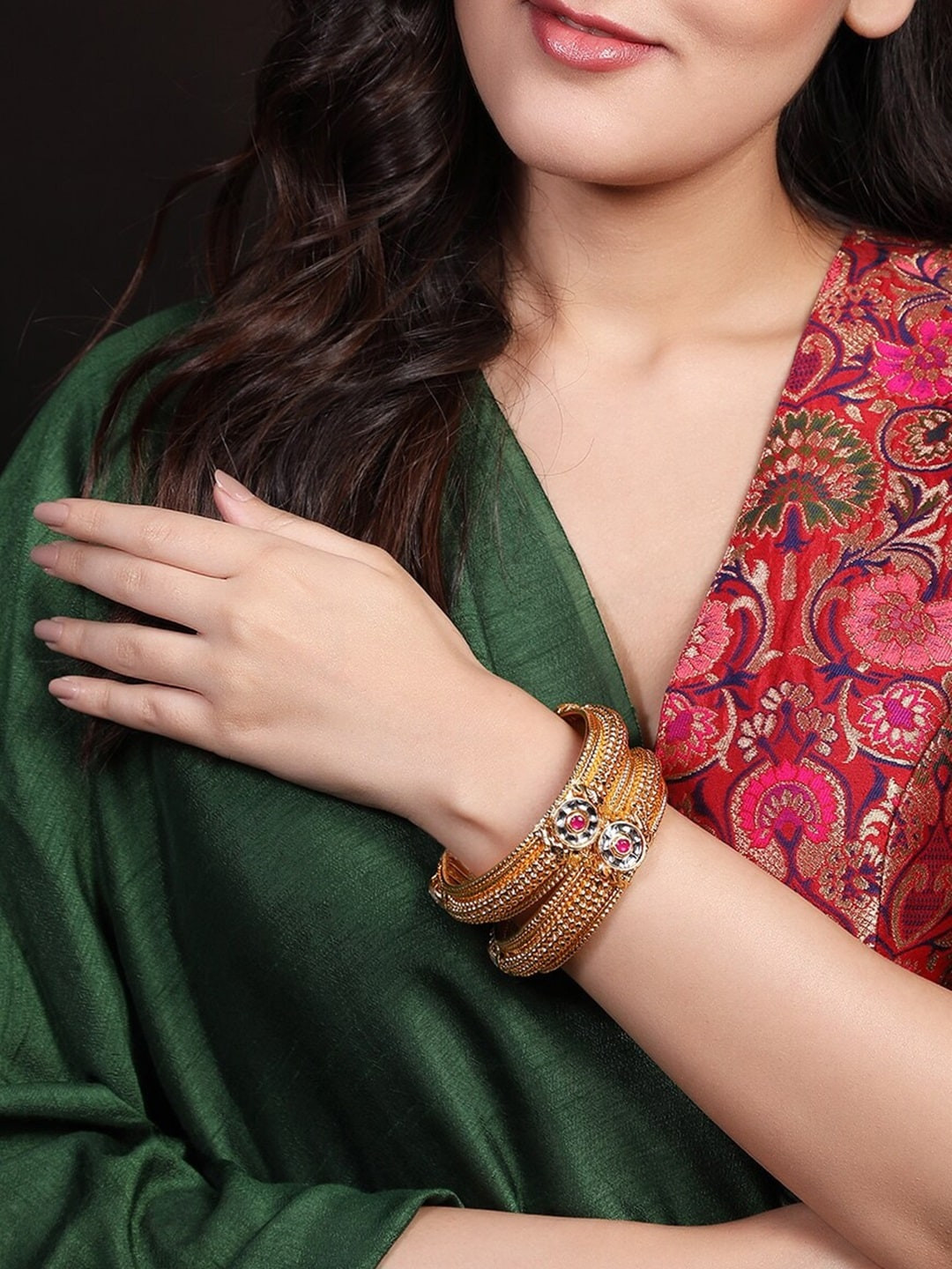 

Rubans Set Of 2 Pink 24K Gold-Plated Stone-Studded Handcrafted Bangles