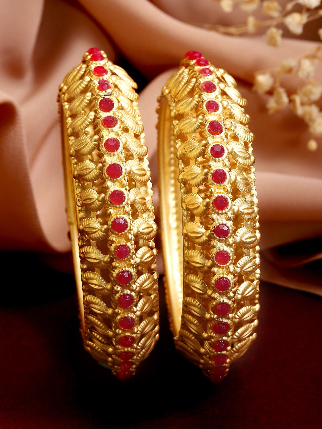 

Rubans Set Of 2 Pink 24K Gold-Plated Stone-Studded Handcrafted Bangles