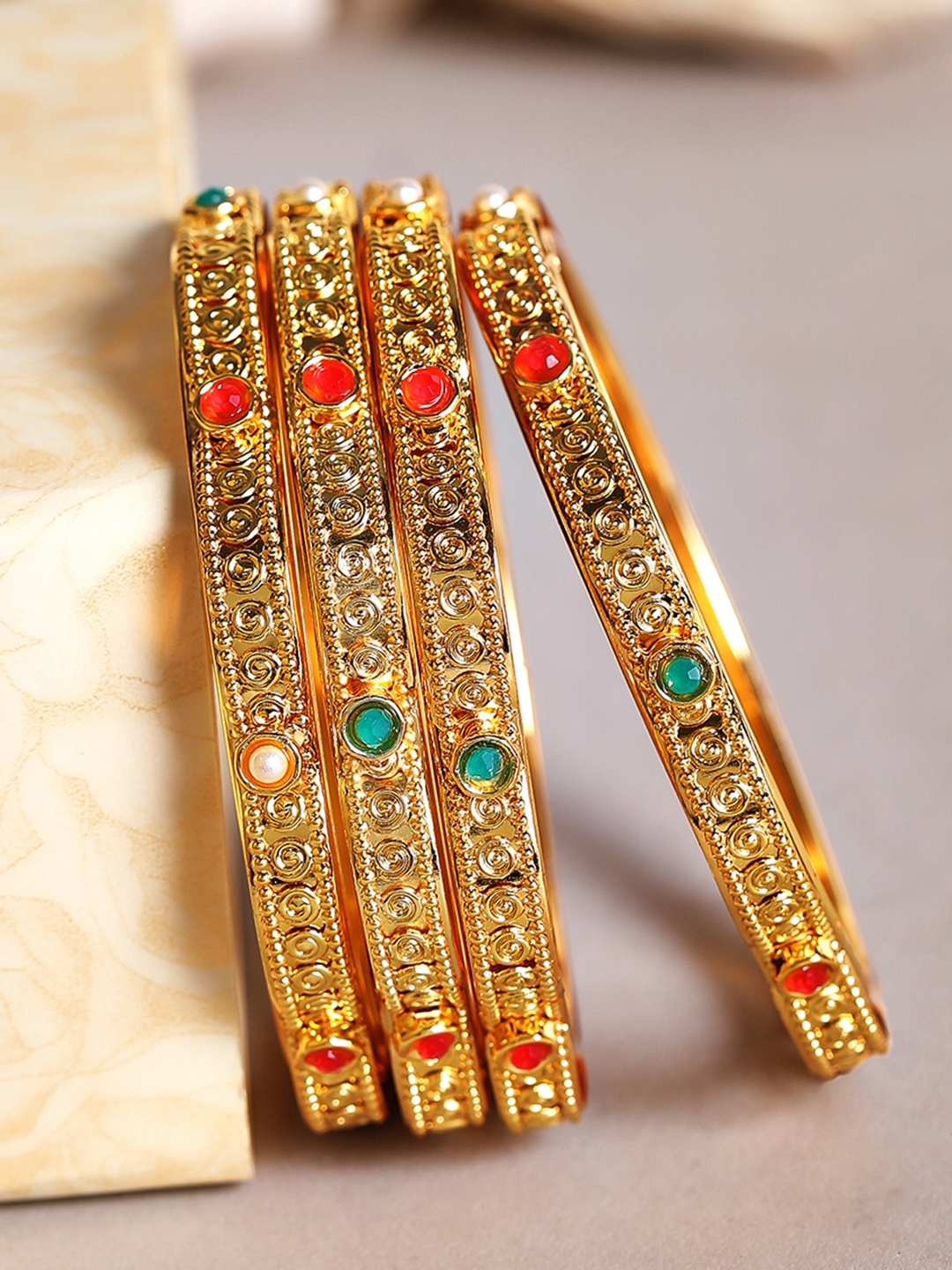 

Rubans Set Of 4 Pink & Green 24K Gold-Plated Stone-Studded Handcrafted Bangles
