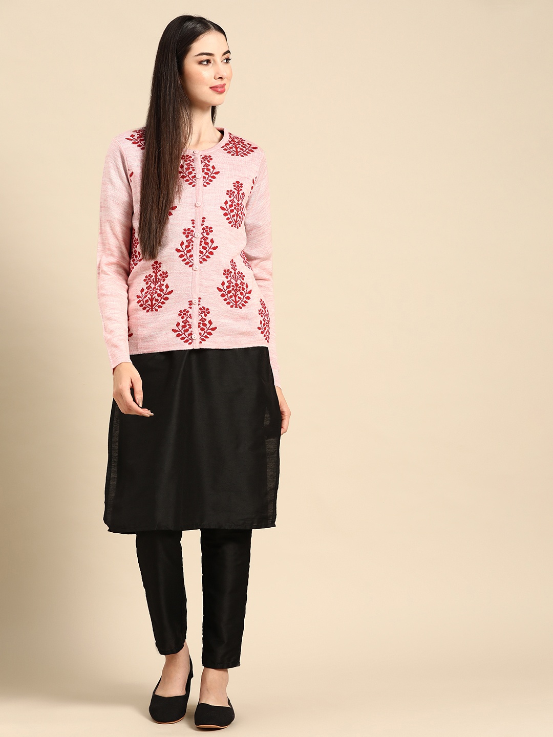 

Anouk Women Pink & Red Acrylic Printed Winter Front-Open Sweater