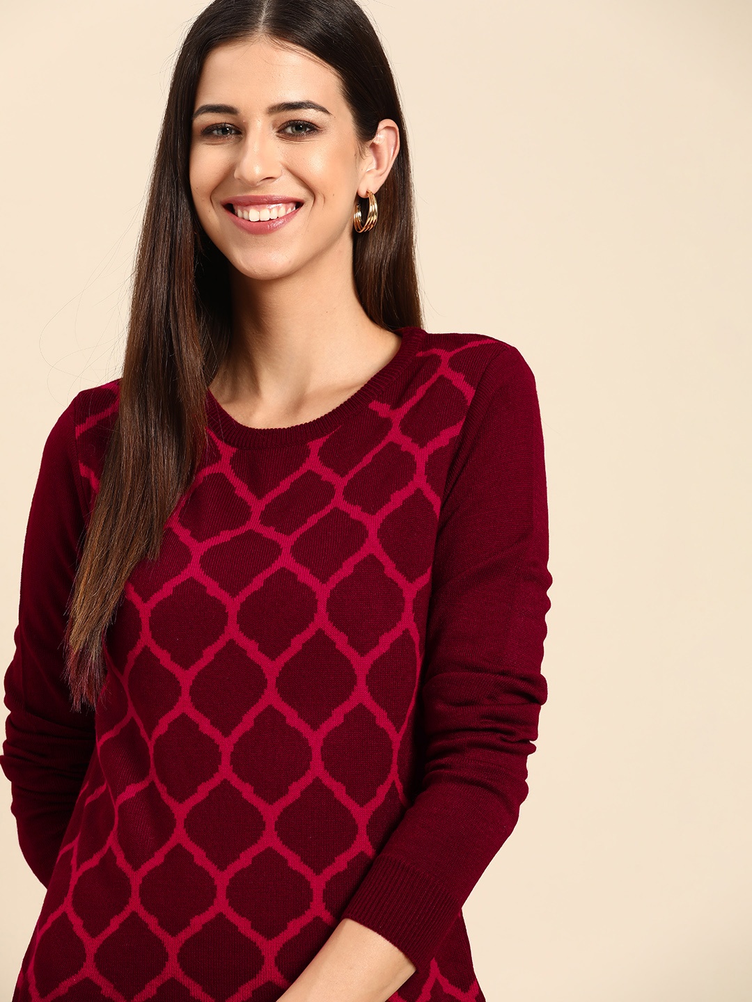

Anouk Women Maroon & Pink Jacquard Design Winter Pullover