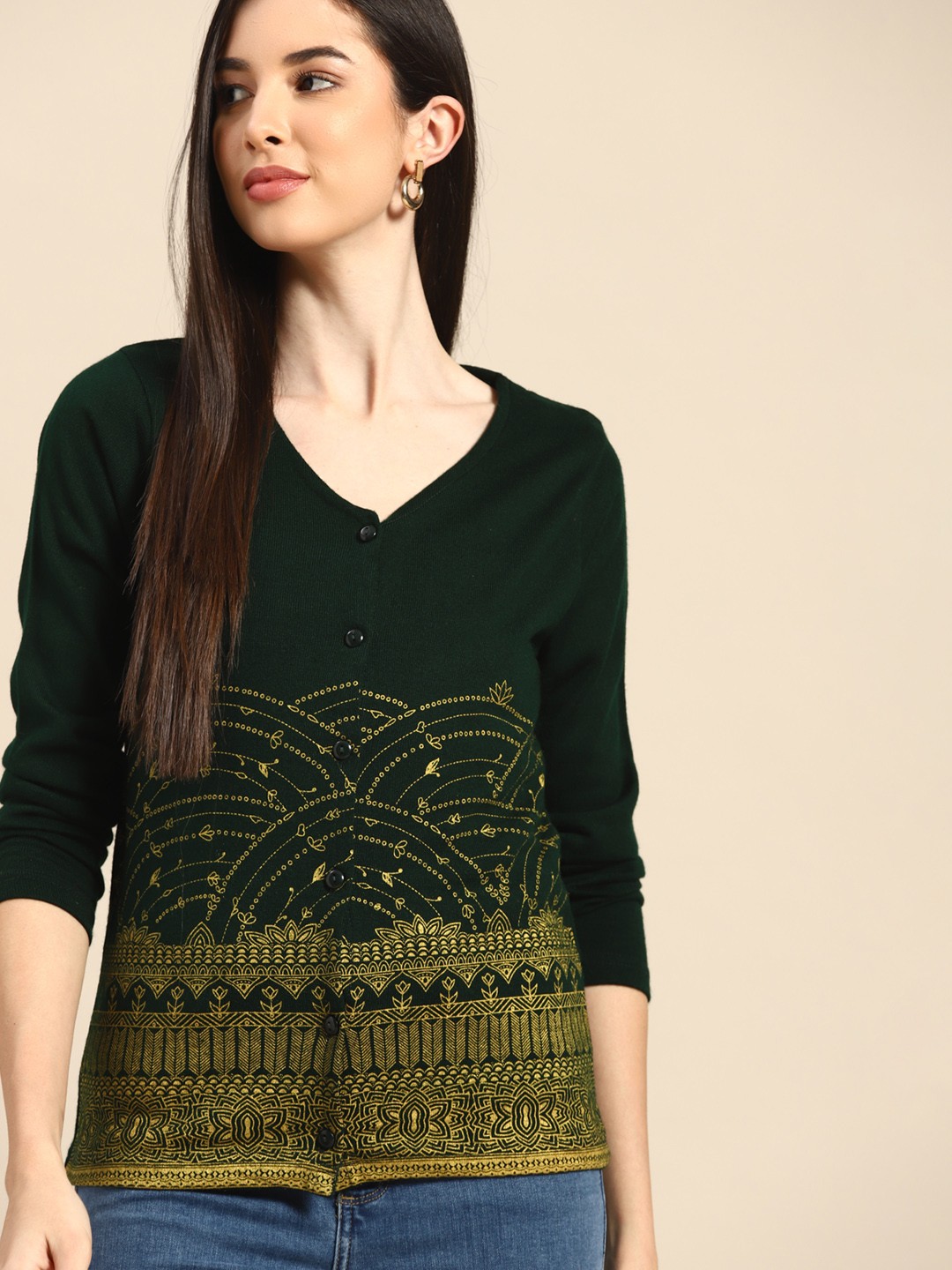 

Anouk Women Green & Gold-Toned Ethnic Print Cardigan