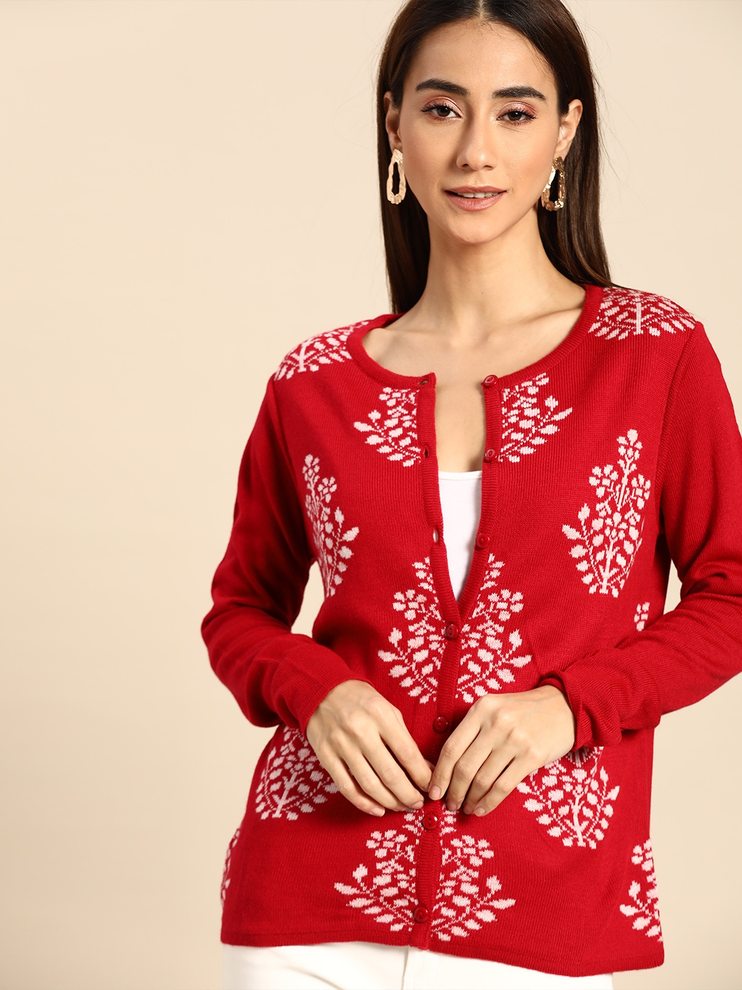 

Anouk Women Red & White Ethnic Motifs Patterned Winter Cardigan