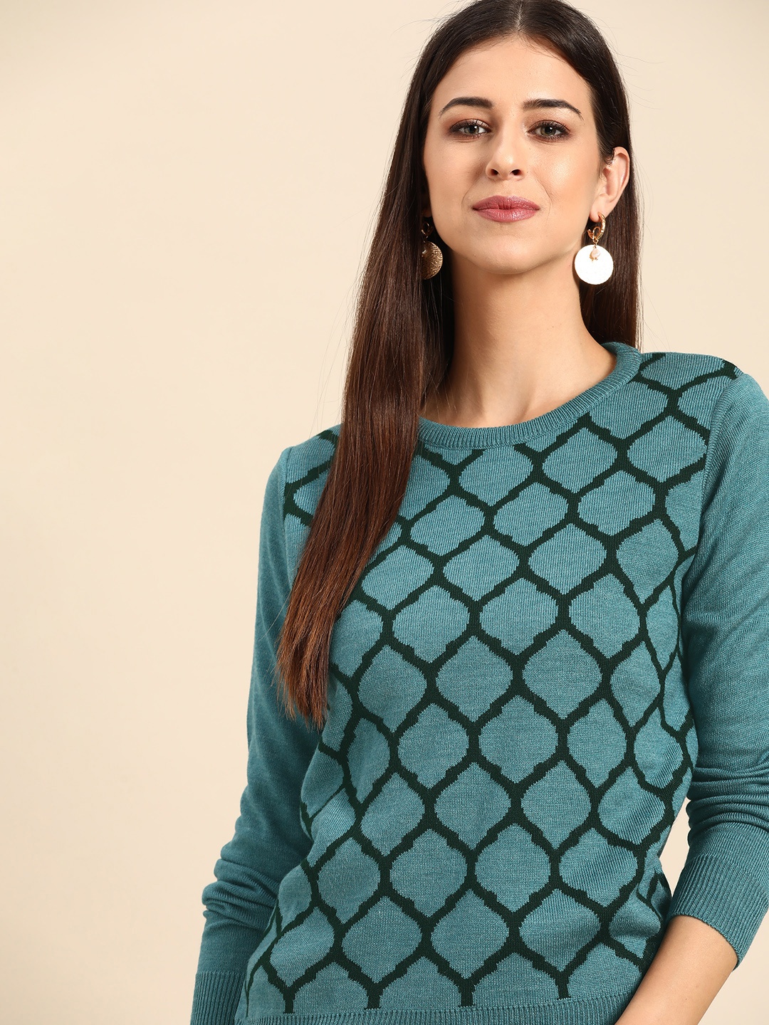 

Anouk Women Blue & Green Printed Winter Pullover