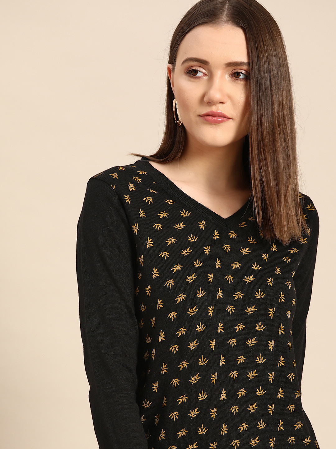 

Anouk Women Black & Mustard Yellow Leaf Print Winter Pullover Sweater