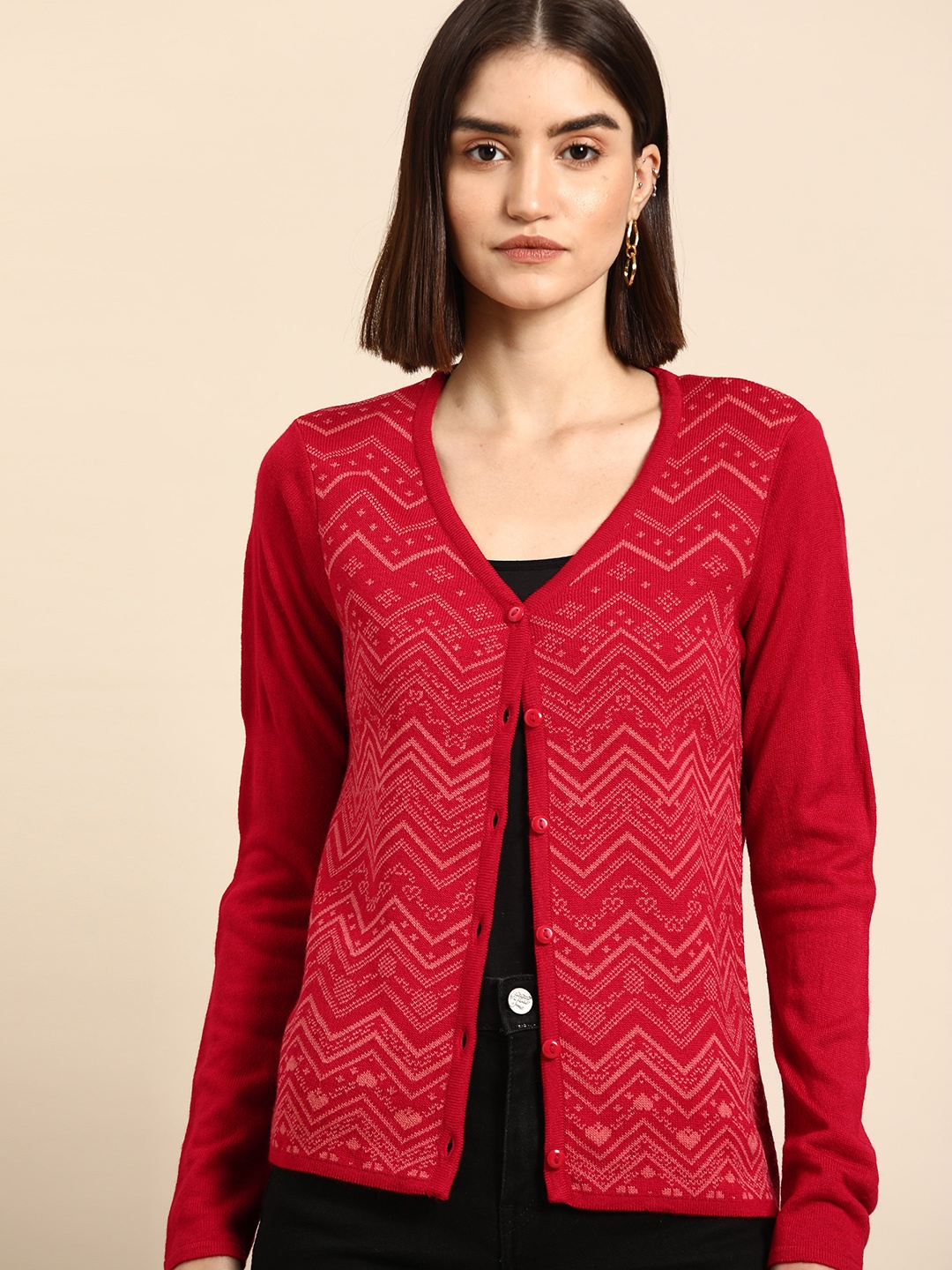 

Anouk Women Red Self-Design Cardigan