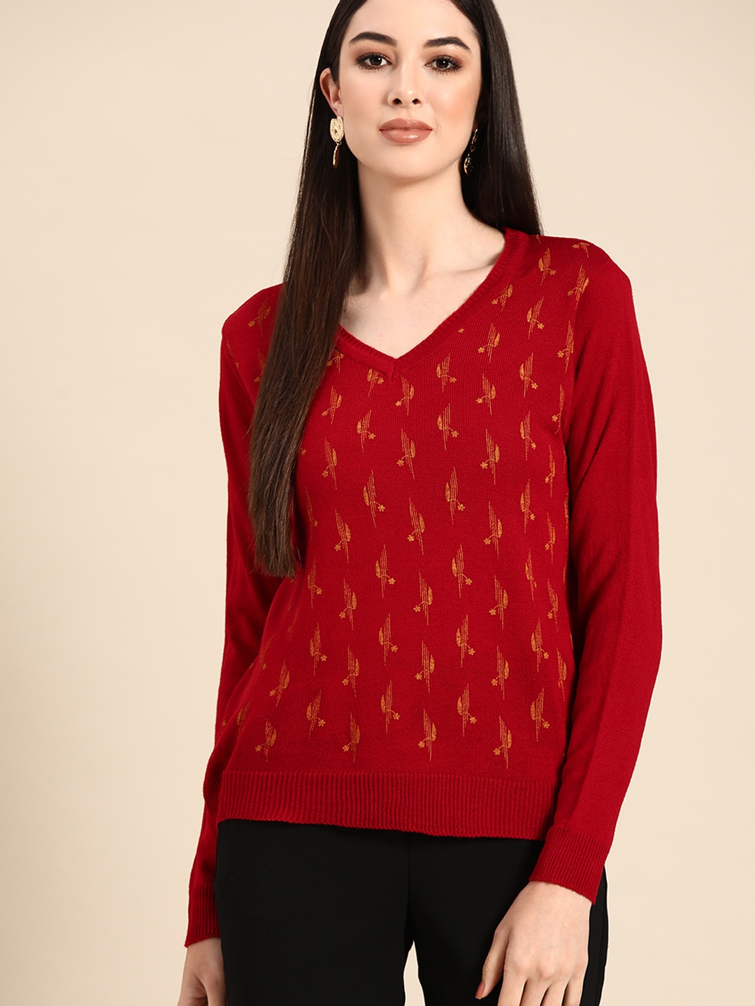 

Anouk Women Red Ethnic Motifs Printed Winter Pullover