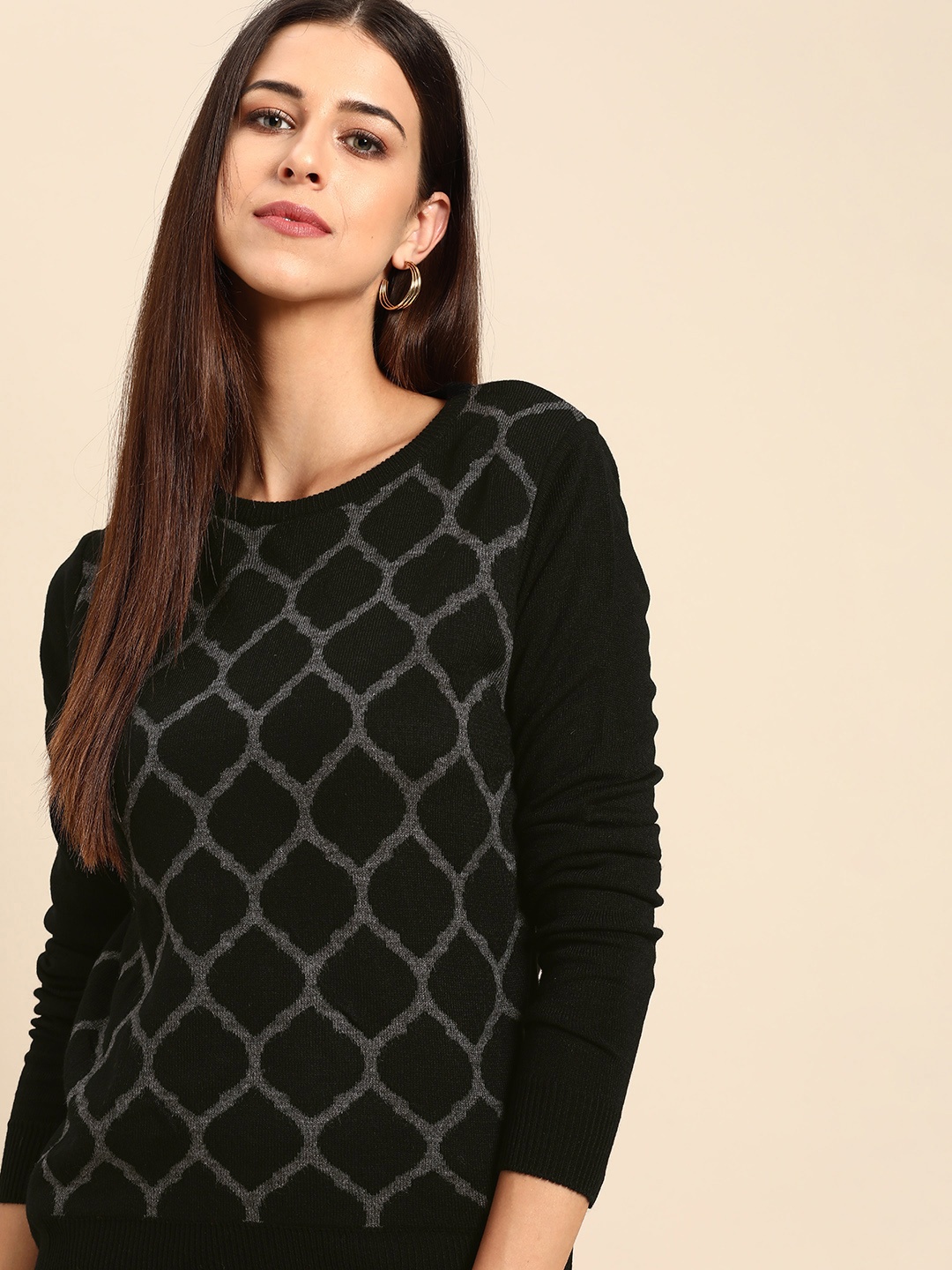 

Anouk Women Black & Grey Jacquard Design Winter Pullover