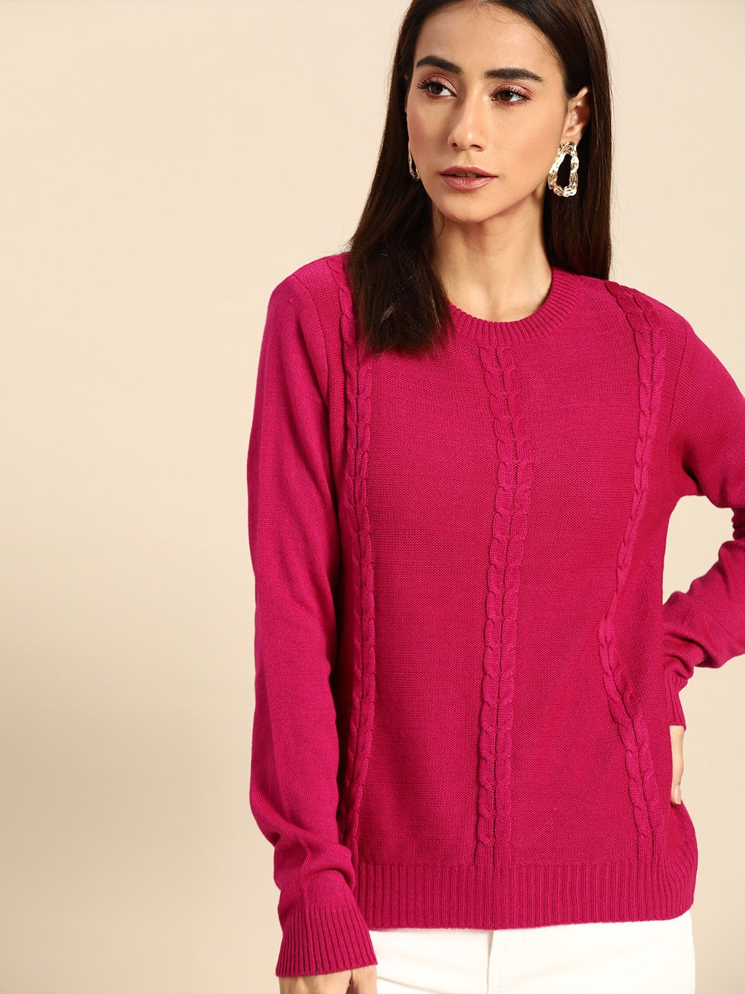 

Anouk Women Pink Self-design Winter Pullover
