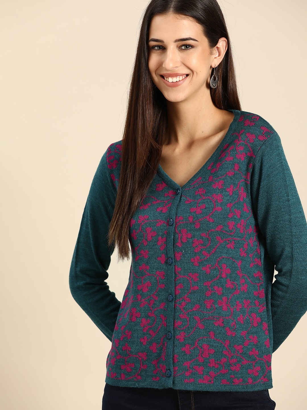 

Anouk Women Teal Blue & Pink Floral Printed Winter Cardigan