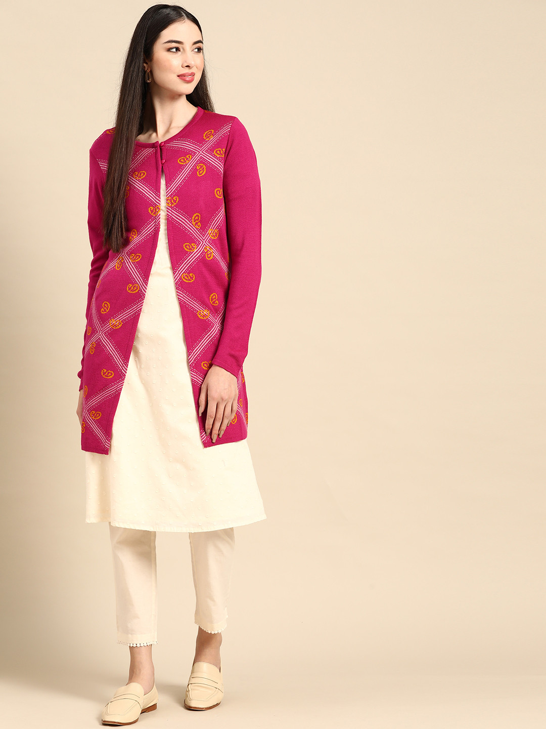 

Anouk Women Pink & Yellow Checked Striped Winter Longline Front-Open Sweater