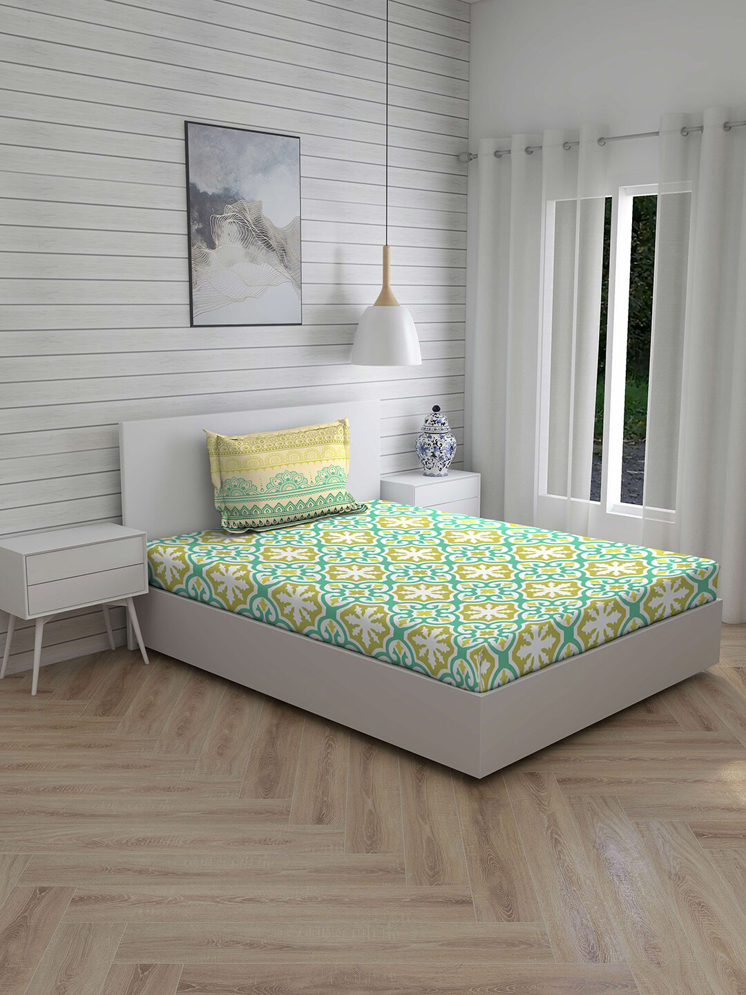 

Layers Sea Green & White Printed 144 TC Cotton 1 Single Bedsheet with 1 Pillow Covers