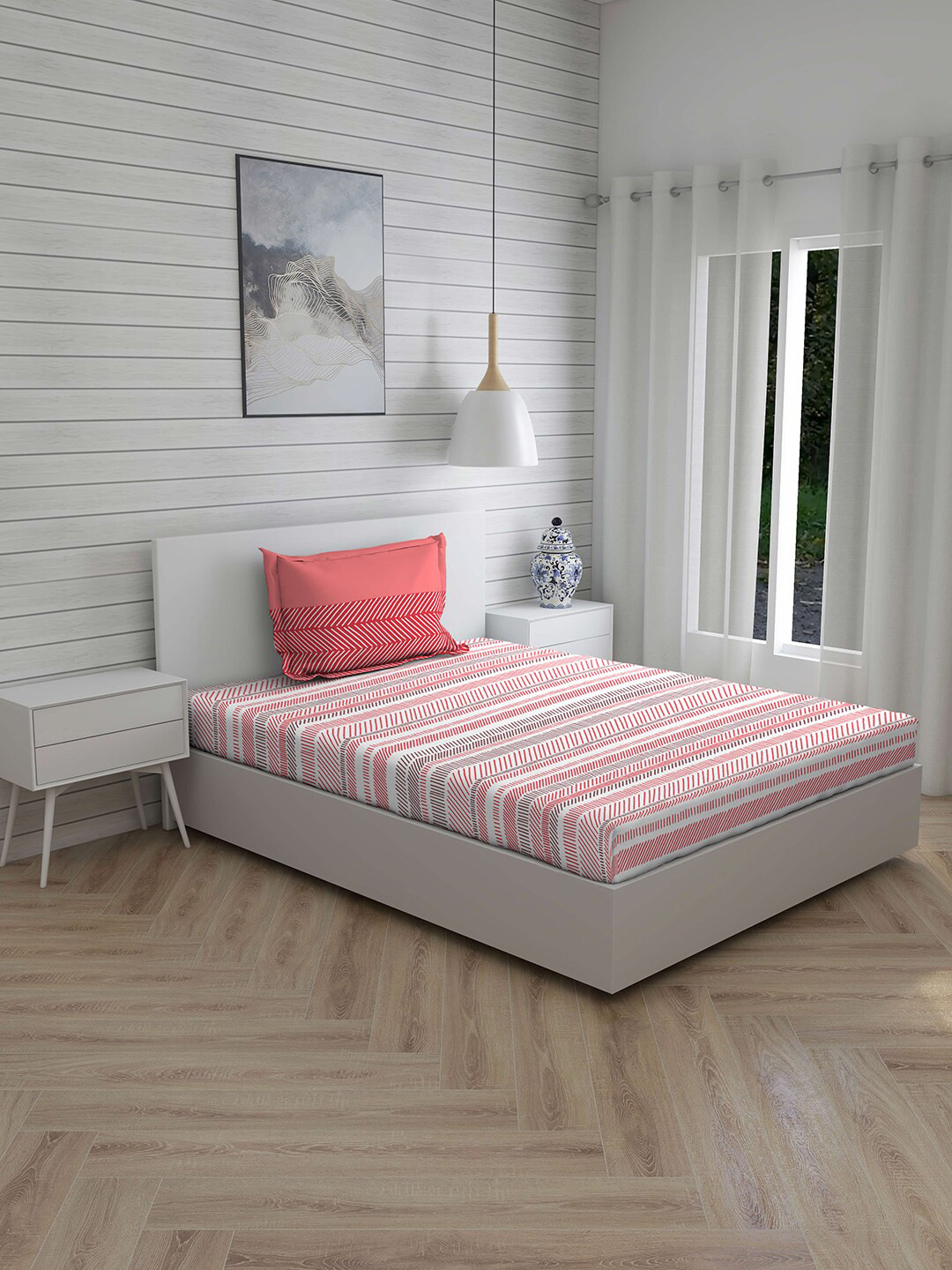 

Layers White & Pink Striped 144 TC Cotton 1 Single Bedsheet with 1 Pillow Covers